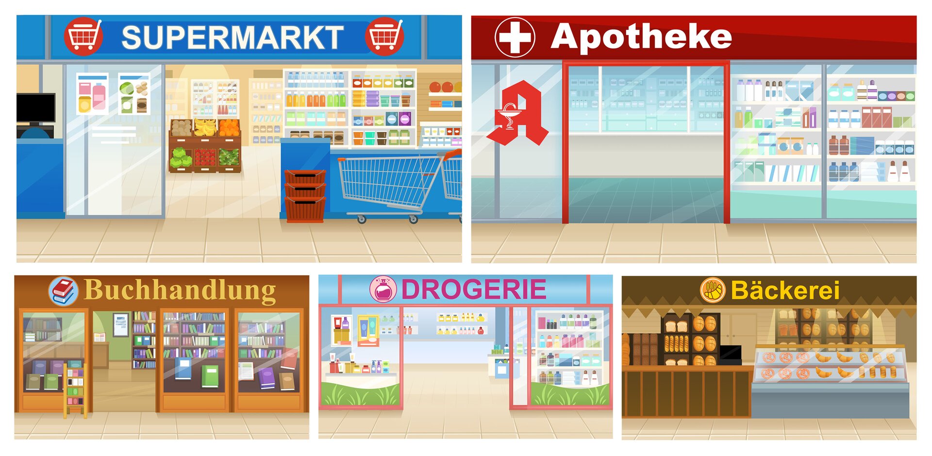 Na ilustracji znajdują się sklepy.