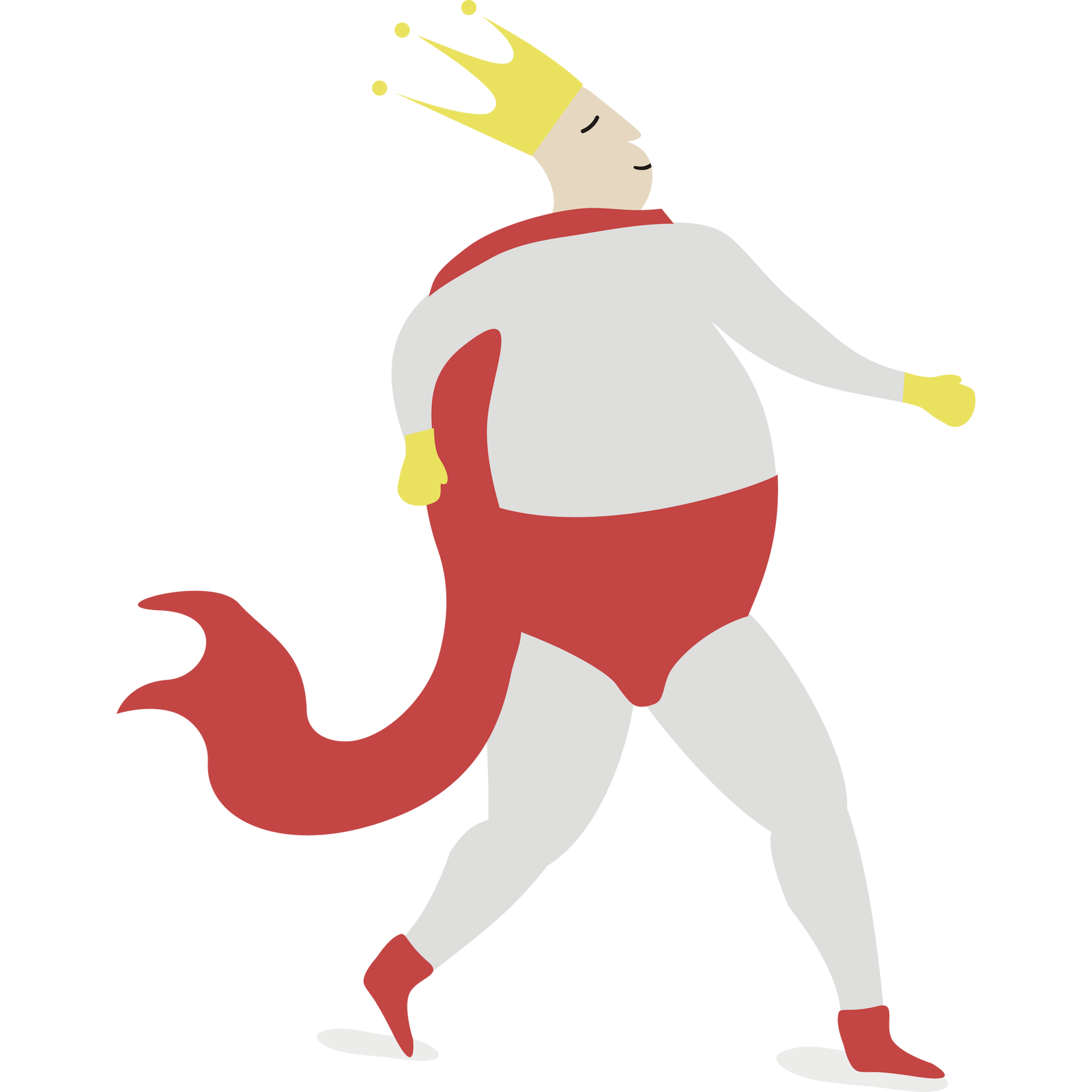 Kolorowa ilustracja przedstawia postać w koronie, czerwonym płaszczu, spodenkach i butach.