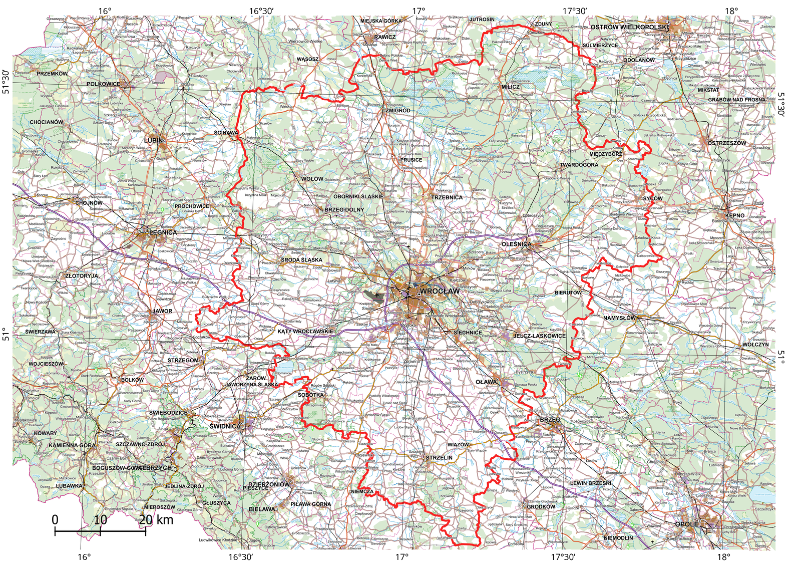 Mapa prezentująca Wrocławski Obszar Metropolitalny. Siatka południków i równoleżników co trzydzieści minut. Obszary zabudowane oznaczono kolorem brązowym, lasy zielonym, granice obszaru metropolitalnego oznaczono czerwoną linią. Obejmuje Wrocław i powiaty w odległości od dwudziestu (na południe) do około sześćdziesięciu kilometrów (na północ). Największe miasta: Wrocław, Milicz, Międzybórz, Twardogóra, Syców, Oleśnica, Bierutów, Jelcz‑Laskowice, Oława, Strzelin, Sobótka, Kąty Wrocławskie, Środa Śląska, Wołów, Brzeg Dolny, Oborniki Śląskie, Trzebnica, Żmigród. Do mapy dołączona legenda z objaśnieniami kolorów i sygnatur użytych na mapie.