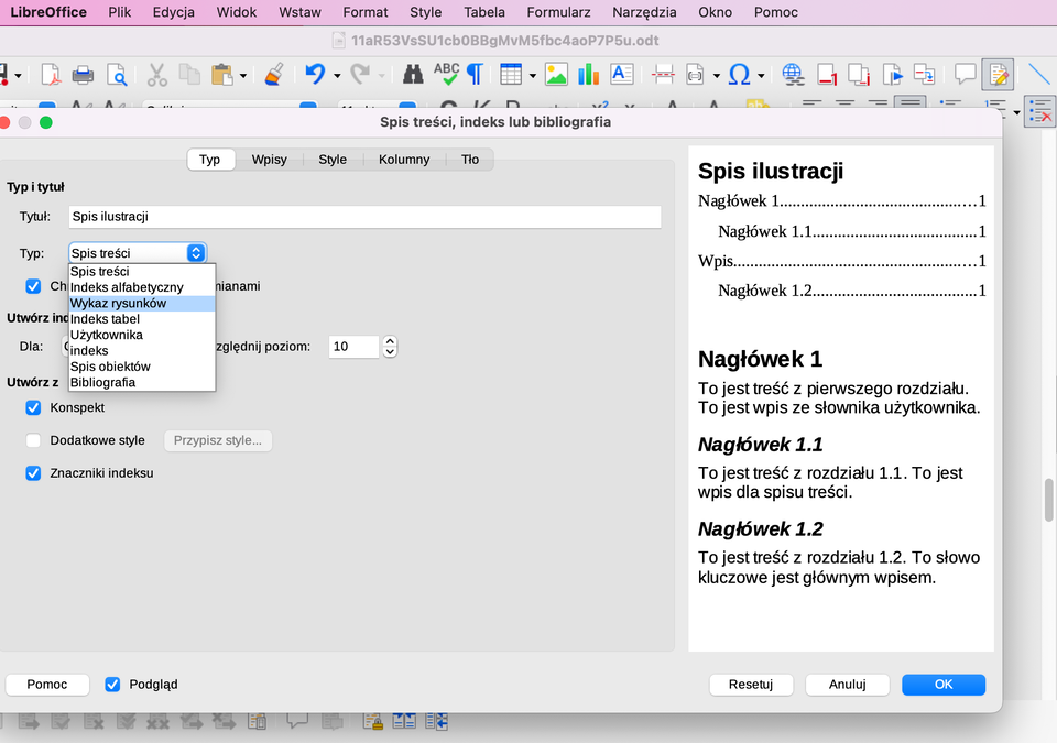 Zrzut ekranu przedstawia okno dialogowe w programie LibreOffice Writer służące do tworzenia „spisu treści, indeksu lub bibliografii”. W zakładce „Typ” użytkownik ustawia tytuł „Spis ilustracji” oraz wybiera z rozwijanej listy opcję „Wykaz rysunków”. Po prawej stronie znajduje się podgląd układu generowanego spisu ilustracji, gdzie pokazane są przykładowe nagłówki, wpisy oraz numery stron. W tle widoczny jest fragment pasków narzędziowych programu oraz część dokumentu roboczego.