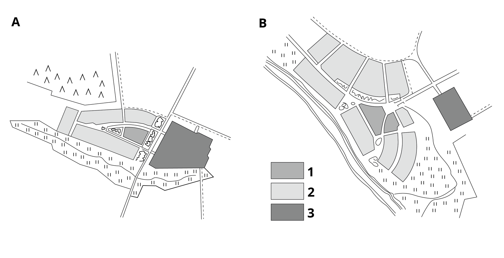 Schemat przedstawia układ przestrzenny wsi z okresu socjalizmu: państwowa – PGR (A) i spółdzielcza (B). Wydzielono: 1 – strefa społeczna, 2 – strefa mieszkaniowa, 3 – ośrodek produkcyjny. 