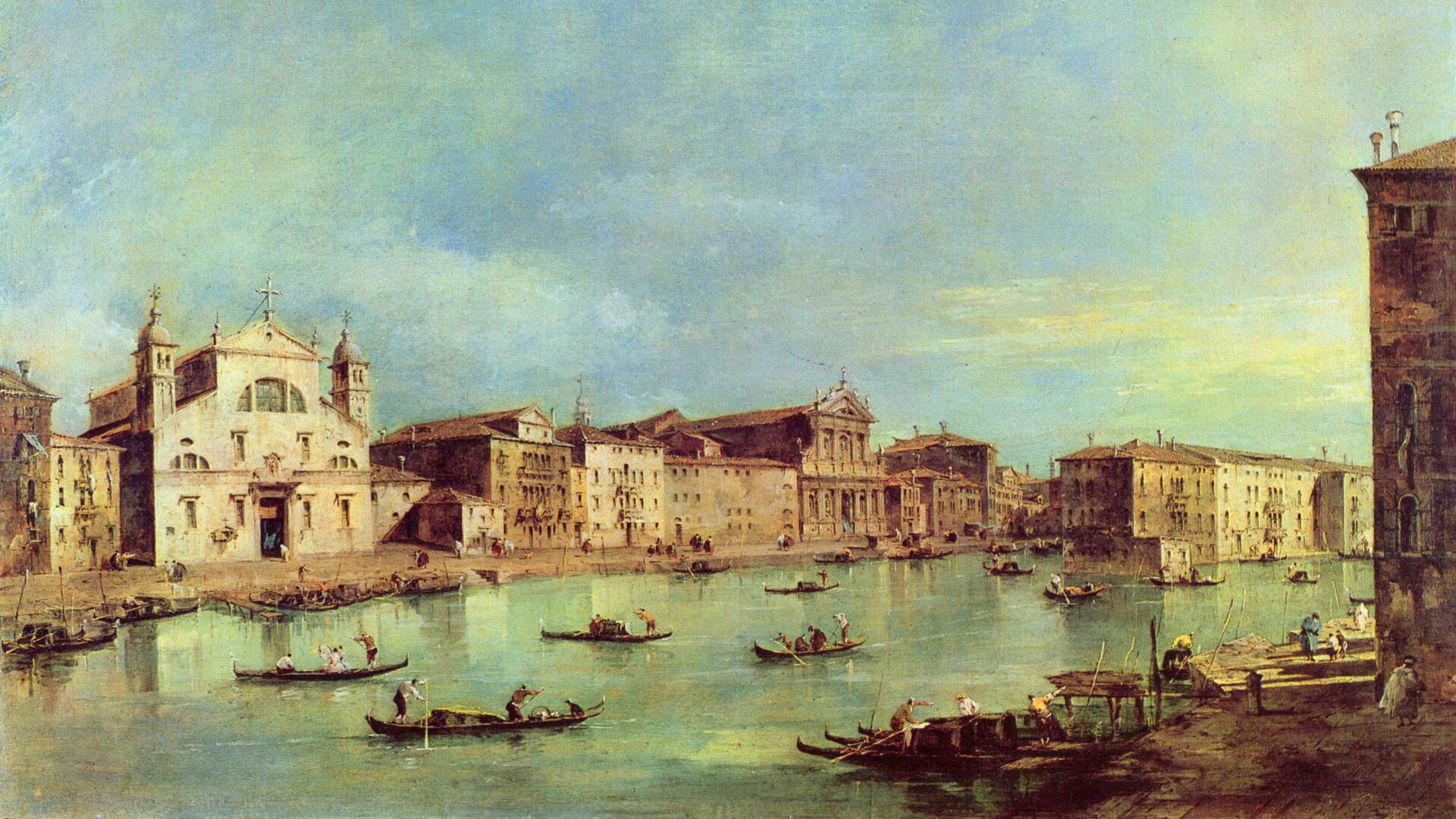 Obraz przedstawia zabudowę miejską nad kanałem, po którym pływają łódki. Jest podpisany: „Francesco Guardi »Canale Grande«”.