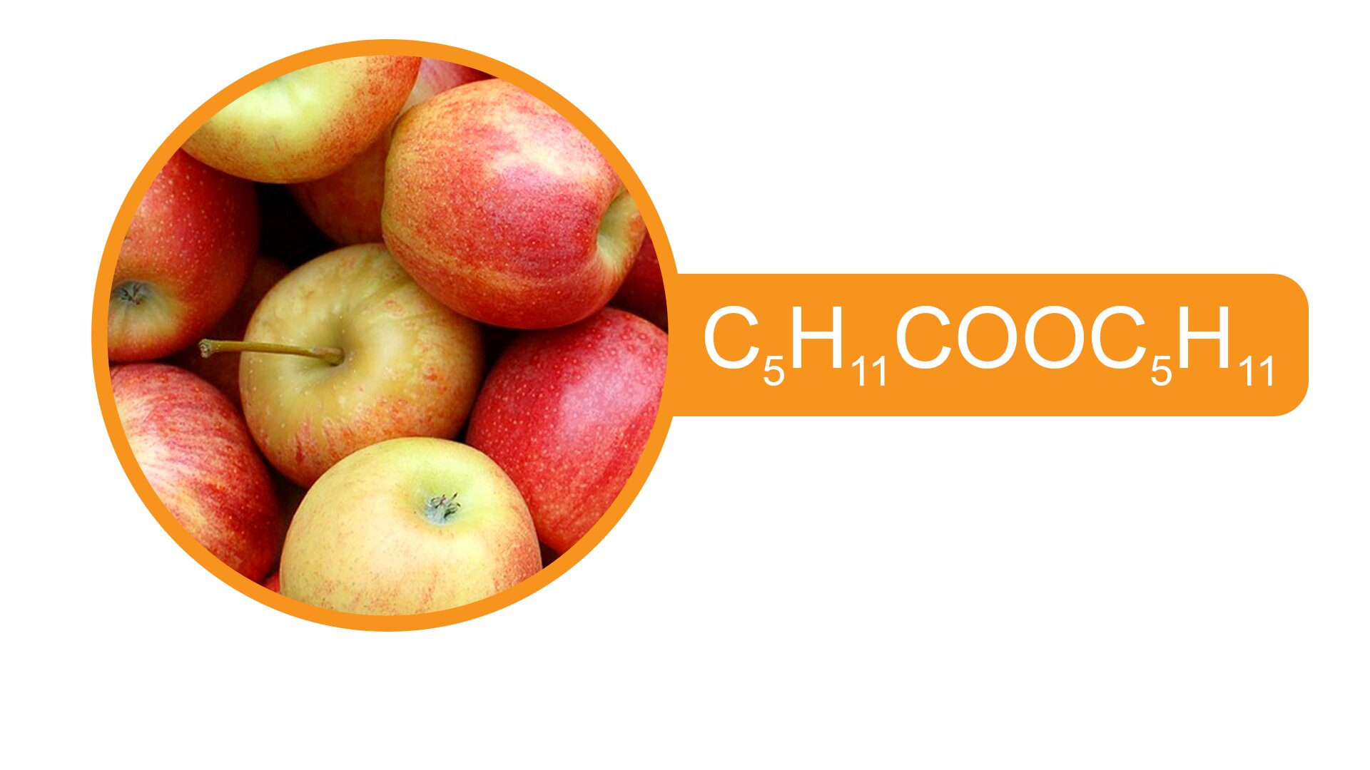 Fotografia przedstawia jabłka, obok nazwa związku heksanian pentylu. ce pięć ha jedenaście ce o o ce pięć ha jedenaście.