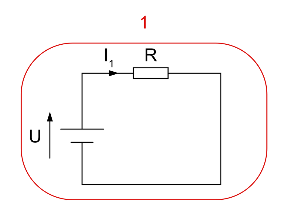 Ilustracja przedstawia przykład obwodu elektrycznego posiadającego jedną gałąź. Jest to obwód z jednym źródłem zasilania i rezystorem. Całość otoczona jest czerwoną ramką. Nad nią cyfra 1. 