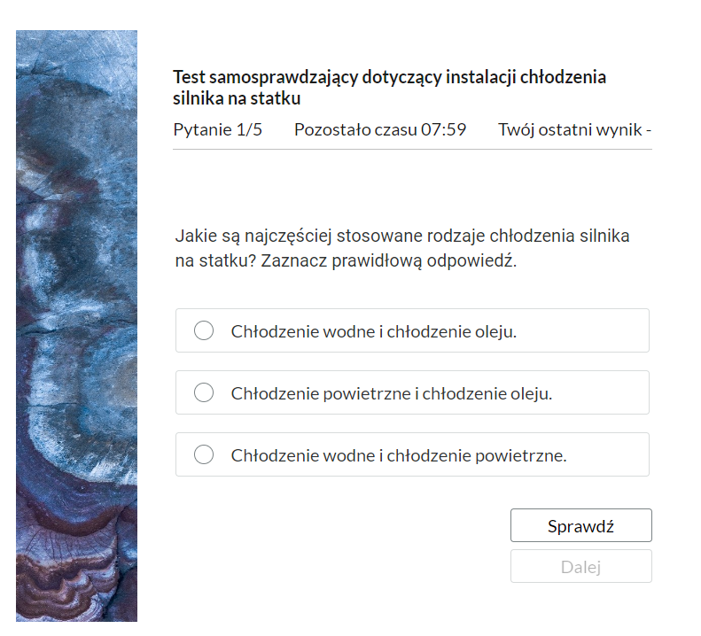 Grafika przedstawia przykładowe zadanie testowe. Ponad poleceniem widać numer pytania, czas, który pozostał na wypełnianie testu, oraz ostatni uzyskany wynik. Pod poleceniem znajdują się możliwe odpowiedzi. W prawym dolnym rogu panelu z zadaniem znajdują się dwa przyciski. Są to Sprawdź oraz Dalej.