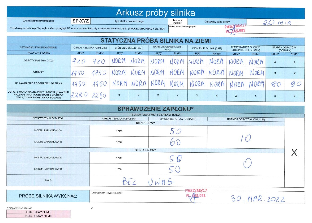 Na zdjęciu pokazany jest arkusz statycznej próby silnika. Dokument jest podzielony na trzy tabele znajdujące sie na jednej kartce. Pierwszy wiersz tabeli zawiera nazwę dokumentu. Drugi wiersz zawiera miejsce na wpisanie znaku i typu statku powietrznego oraz całkowitego czasu próby silnika. W trzecim wierszu znajduję się miejsce na numer upoważnienia i podpis osoby przeprowadzającej próbę silnika. Druga tabelka znajduję się pod pierwszą. W pierwszym wierszu znajduję się nazwa tabeli statycznej próby silnika na ziemi. Drugi wiersz zawiera czynności kontrolne dla obrotów silnika, ciśnienia oleju, napięcia generatora, ciśnienia paliwa, temperatury głowic oraz spadku oblotów. Każda z tych czynności jest podzielona dla lewego oraz prawego silnika w wierszu trzecim. W kolumnie pierwszej wiersza czwartego znajduję się napis obroty małego gazu, obroty silnika w wierszu piątym, sprawdzenie podgrzewu gaźnika w wierszu szóstym oraz obroty maksymalne przy pełnym otwarciu przepustnicy w wierszu siódmym. Trzecia tabelka znajduję się pod drugą. W pierwszym wierszu jest nazwa dokumentu sprawdzenia zapłonu. Drugi wiersz jest podzielone na kolumny dla obrotu śmigła, spadków obrotów oraz różnicy obrotów dla prawego oraz lewego silnika . Po tabelką znajduję się miejsce na numer upoważnienia, podpis i datę osoby przeprowadzającej próbę silnika. 