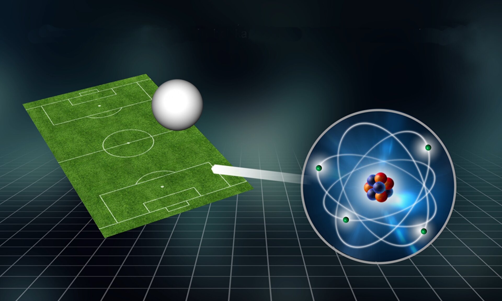Rys. 1. Na rysunku pokazany jest plan boiska do piłki nożnej, a obok znajduje się piłeczka pingpongowa. Rysunek poglądowy przedstawia symboliczne porównanie różnic w rozmiarach atomu i jądra atomowego.