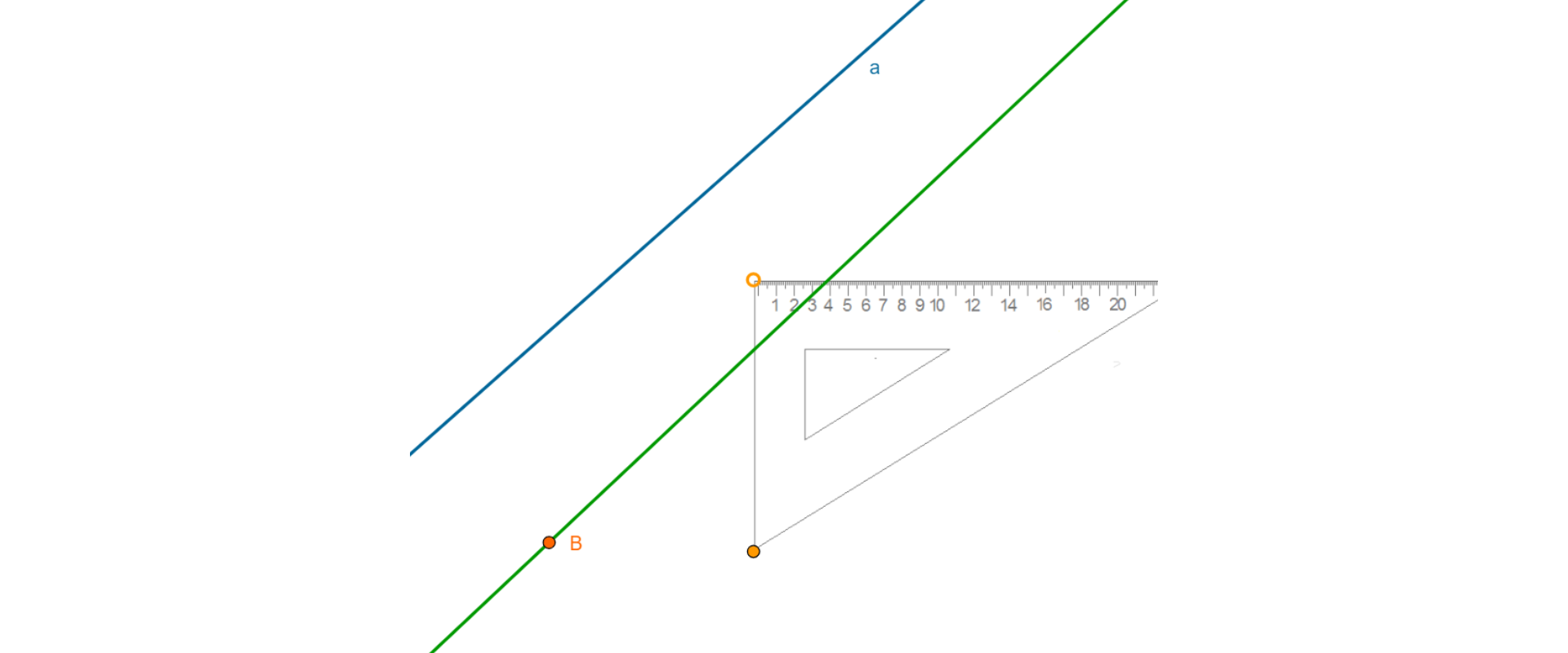 Na rysunku znajdują się proste a i b oraz ekierka. Na prostej b zaznaczony jest punkt B.