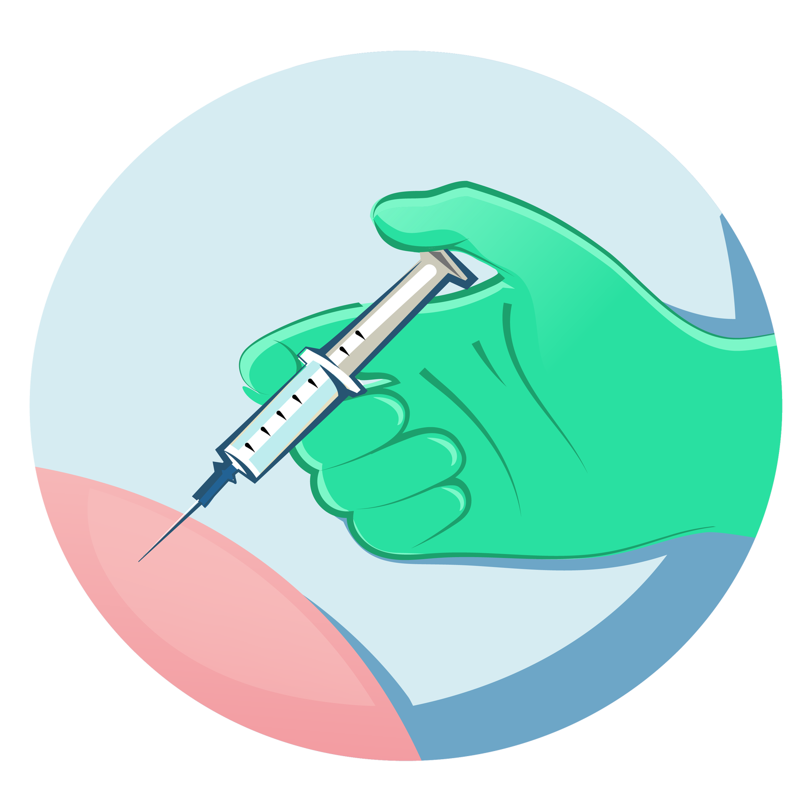 Widoczna jest ilustracja. Przedstawia dłoń w rękawiczce, która robi pacjentowi zastrzyk.