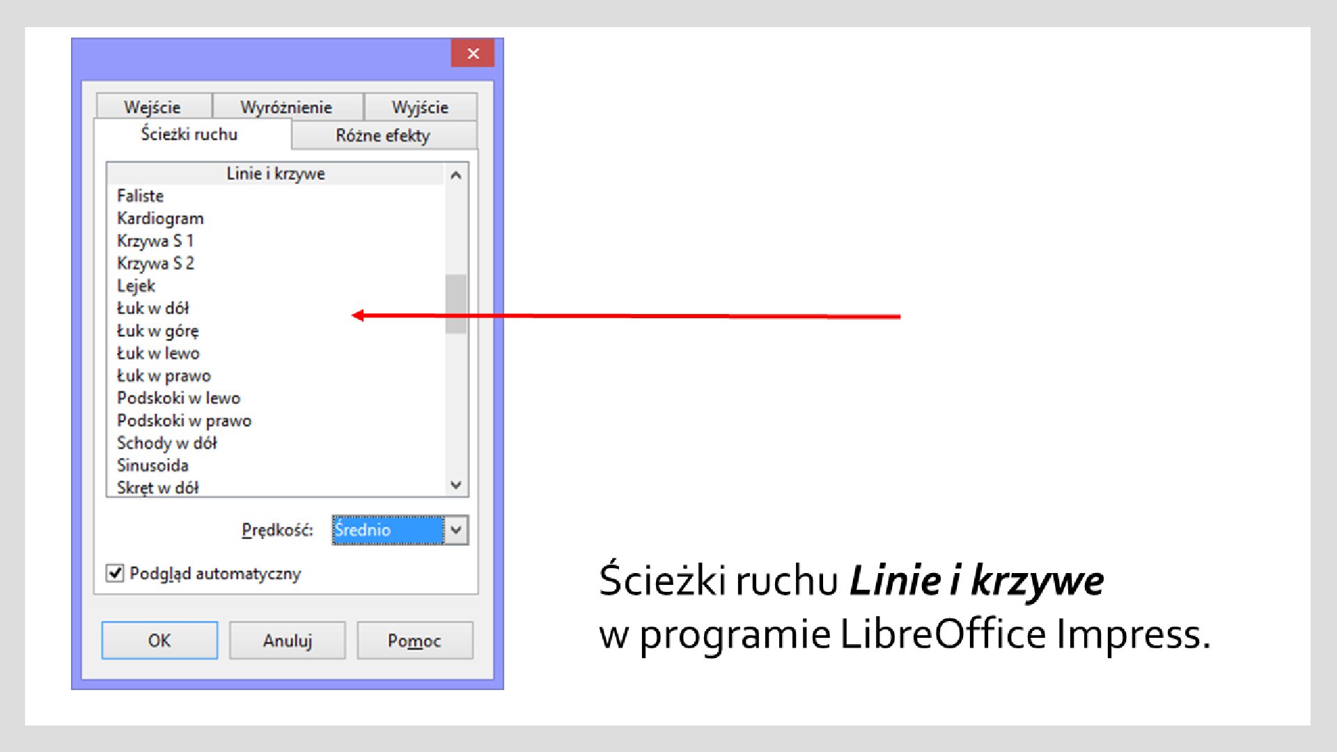 Slajd 2 galerii zrzutów okien z efektami ścieżek ruchu w programie LibreOffice Impress
