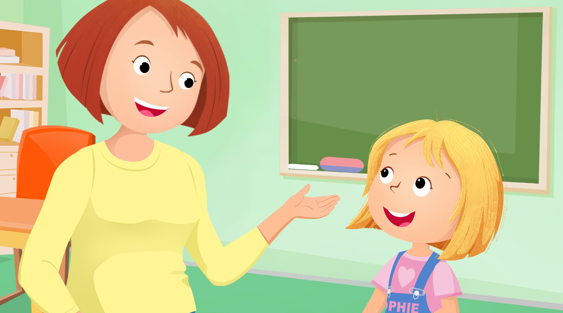 Ilustracja przedstawia nauczycielkę i uczennicę w klasie. 