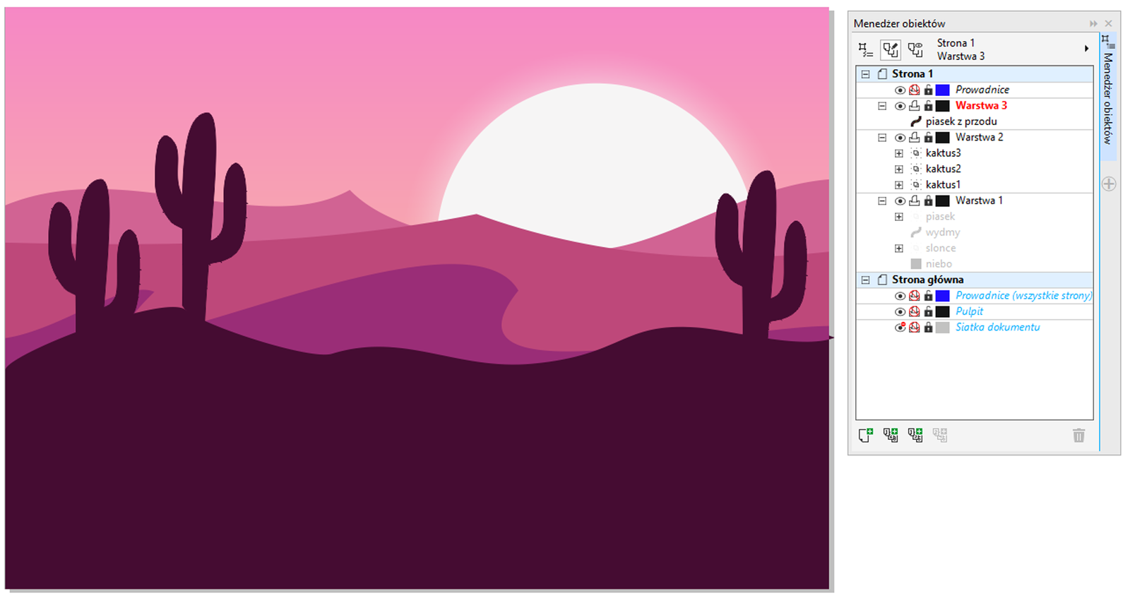 Zdjęcie przedstawia "Menedżer obiektów" po prawej stronie: okno po prawej: "Strona 1" (rozwinięte):   "Prowadnice",  na czerwono "Warstwa 3" (rozwinięte):  "piasek z przodu",  (koniec menu "Warstwa 3");   "Warstwa 2" (rozwinięte):  "kaktus3" (zwinięte menu),  "kaktus2" (zwinięte menu),     "kaktus1" (zwinięte menu), (koniec menu "Warstwa 2");  "Warstwa 1" (rozwinięte): "pasek" (zwinięte menu) "wydmy",  "slonce" (zwinięte menu),  "niebo";     (koniec menu "Warstwa 1"),  (koniec menu "Prowadnice"), (koniec menu "Strona 1") "Strona główna" (rozwinięte):  "Prowadnice (wszystkie strony)",  "Pulpit",  "Siatka dokumentu", (koniec menu "Strona główna"). Obraz w centralnej części zdjęcia:   pustynia w odcieniach różu, w tle wydmy piaskowe, słońce, z przodu widoczne 3 kaktusy na ciemnym piasku.