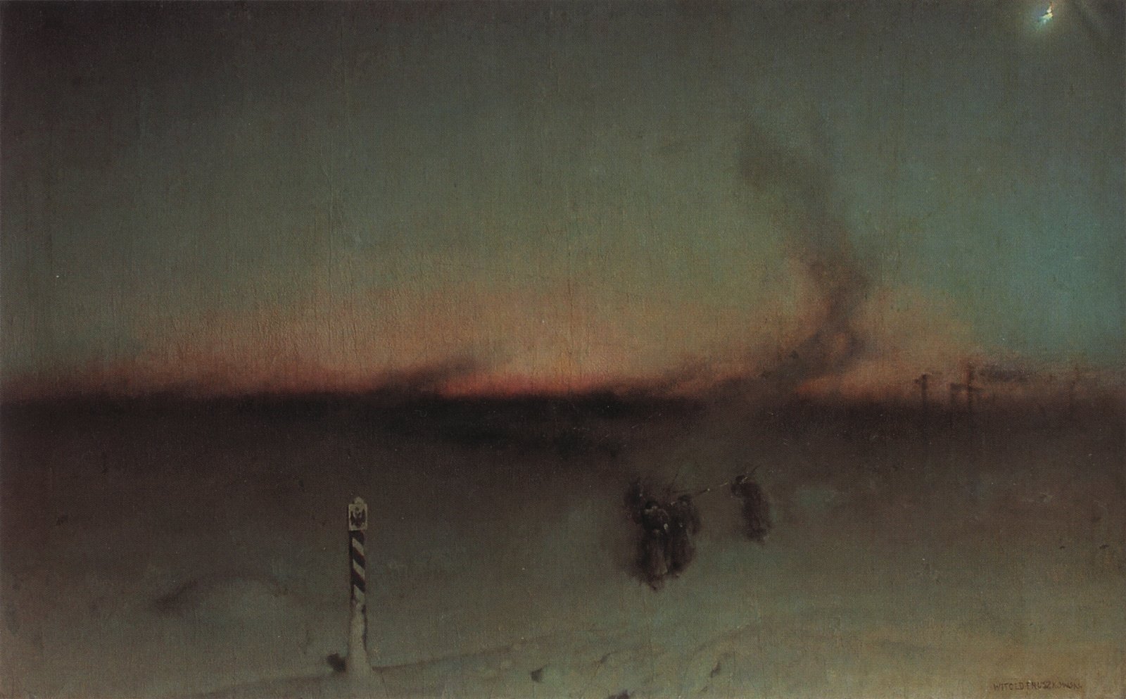 Ilustracja przedstawia zesłańców na Syberii. Ludzie są przedstawieni jako niewyraźne cienie – zlewają się z otoczeniem. Wokół panuje półmrok, mgła. 