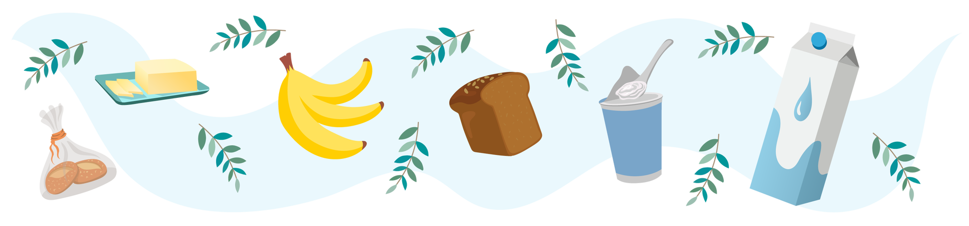 Ilustracja przedstawia szare tło, na którym znajdują się produkty spożywcze. Po lewej stronie są dwie bułki w foliowym worku. Na prawo od bułek jest masło na błękitnym talerzyku. Na środku są trzy banany i pół bochenka ciemnego chleba. Na prawo od chleba widać plastikowy kubek jogurtu z łyżeczką. Po prawej stronie ilustracji znajduje się biało‑błękitny karton mleka. Dookoła przedmiotów unosi się kilka gałązek z podłużnymi zielonymi listkami.