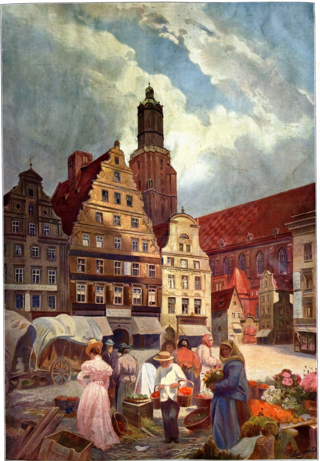 Kliknij, aby powiększyć. Na obrazie ukazany został rynek miejski. Na pierwszym planie widoczne są postaci mężczyzn i kobiet, które przemieszczają się pomiędzy rozłożonymi na ziemi produktami. W misach i na skrzyniach znajdują się owoce, ziarna oraz kolorowe kwiaty. Niedaleko straganów widoczne są drewniane wozy z białymi, materiałowymi dachami. Na drugim planie widoczne są fronty wysokich, starych kamienic. Z prawej strony obrazu widać niższe kamienice, które stoją w sąsiedztwie kościoła. W tle, za kamienicami, widoczna jest wysoka wieża kościoła. Niebo jest błękitne, częściowo przysłonięte białymi chmurami. Na obrazie przeważają odcienie pomarańczy i brązu.