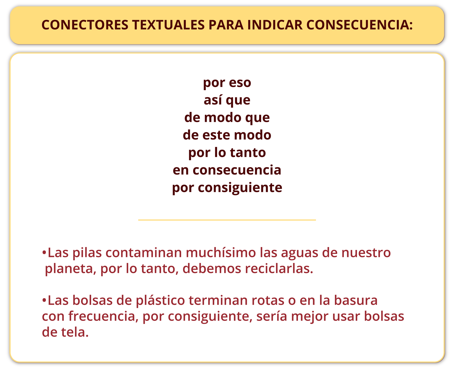Nagłówek: CONECTORES TEXTUALES PARA INDICAR CONSECUENCIA. Poniżej: por eso, así que, de modo que, de este modo, por lo tanto, en consecuencia, por consiguiente. Las pilas contaminan muchísimo las aguas de nuestro planeta, por lo tanto debemos reciclarlas. Las bolsas de plástico terminan rotas o en la basura con frecuencia, por consiguiente sería mejor usar bolsas de tela.
