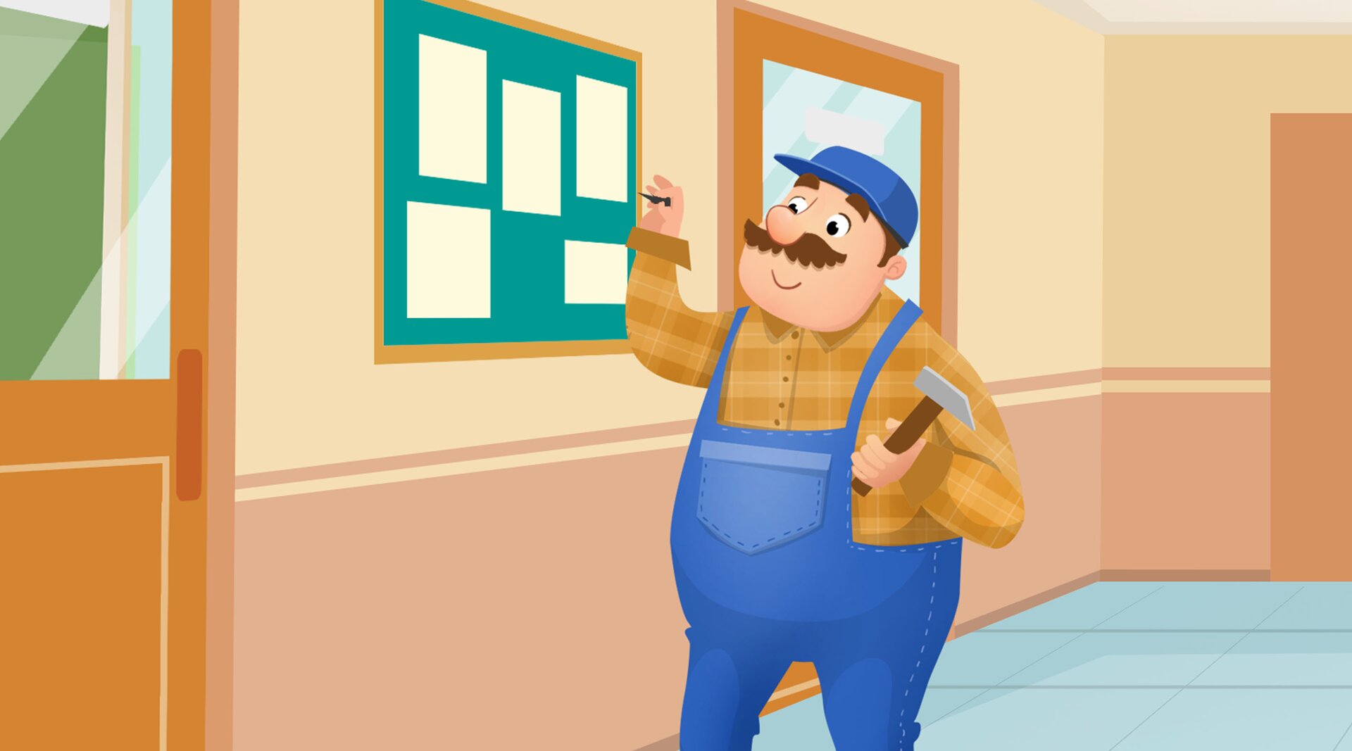 Na ilustracji znajduje się konserwator z młotkiem.