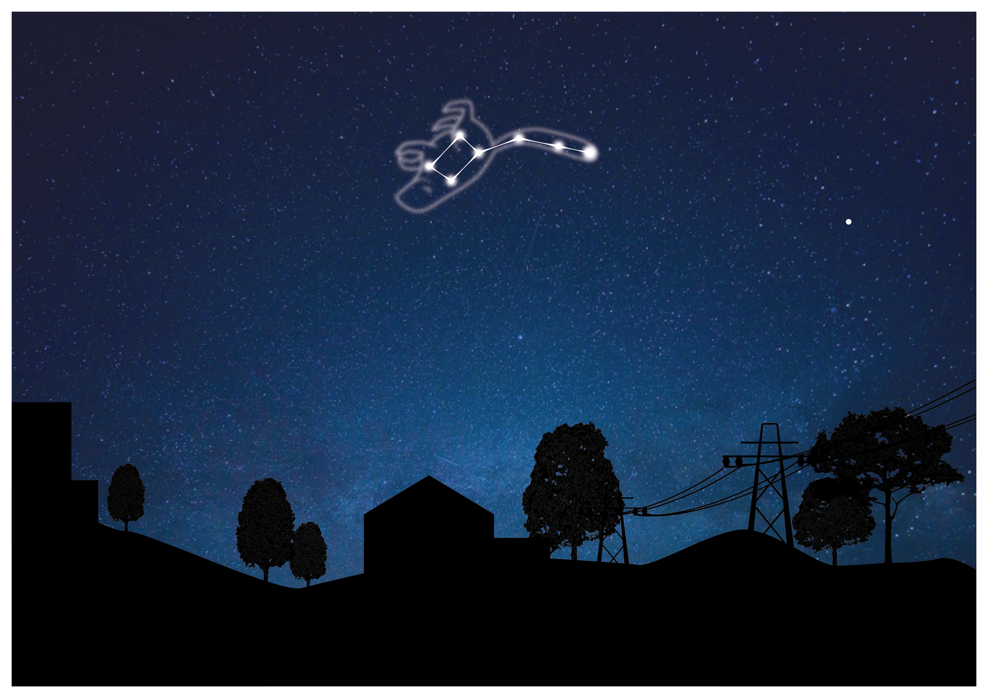 Ilustracja przedstawia gwiazdozbiór Mała Niedźwiedzica (Ursa Minor) na nocnym niebie. Dla lepszego efektu, gwiazdy połączono odcinkami i narysowano na nich kształt niedźwiedzia z długim ogonem.