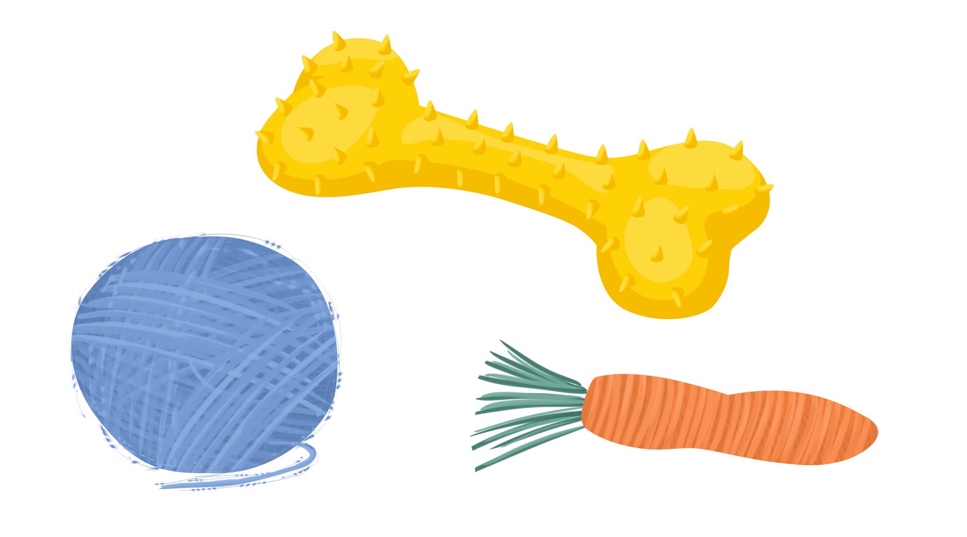 Ilustracja przedstawia kłębek włóczki, gumową kość oraz marchewkę.