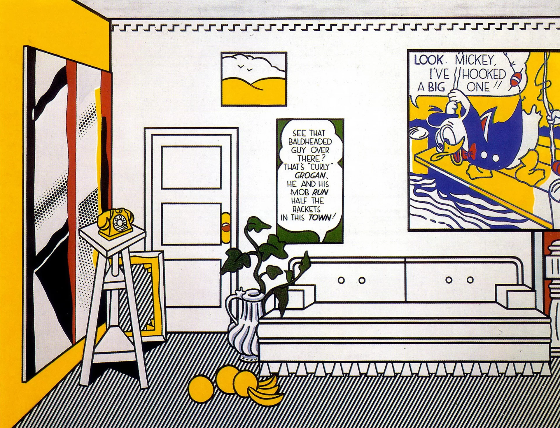 Ilustracja przedstawia dzieło autorstwa Roya Lichtensteina „Pracownia artysty nr 1 (Look Mickey)” o kształcie poziomego prostokąta. Ukazuje pomieszczenie, w którym na ścianie wiszą ilustracje. Po lewej stronie stoi duża szafa. Po prawej, przy ścianie, ustawiona jest biała sofa, przy której znajduje się roślina w dzbanku. W lewym rogu stoi biały stolik z żółtym telefonem. Na podłodze leżą owoce.