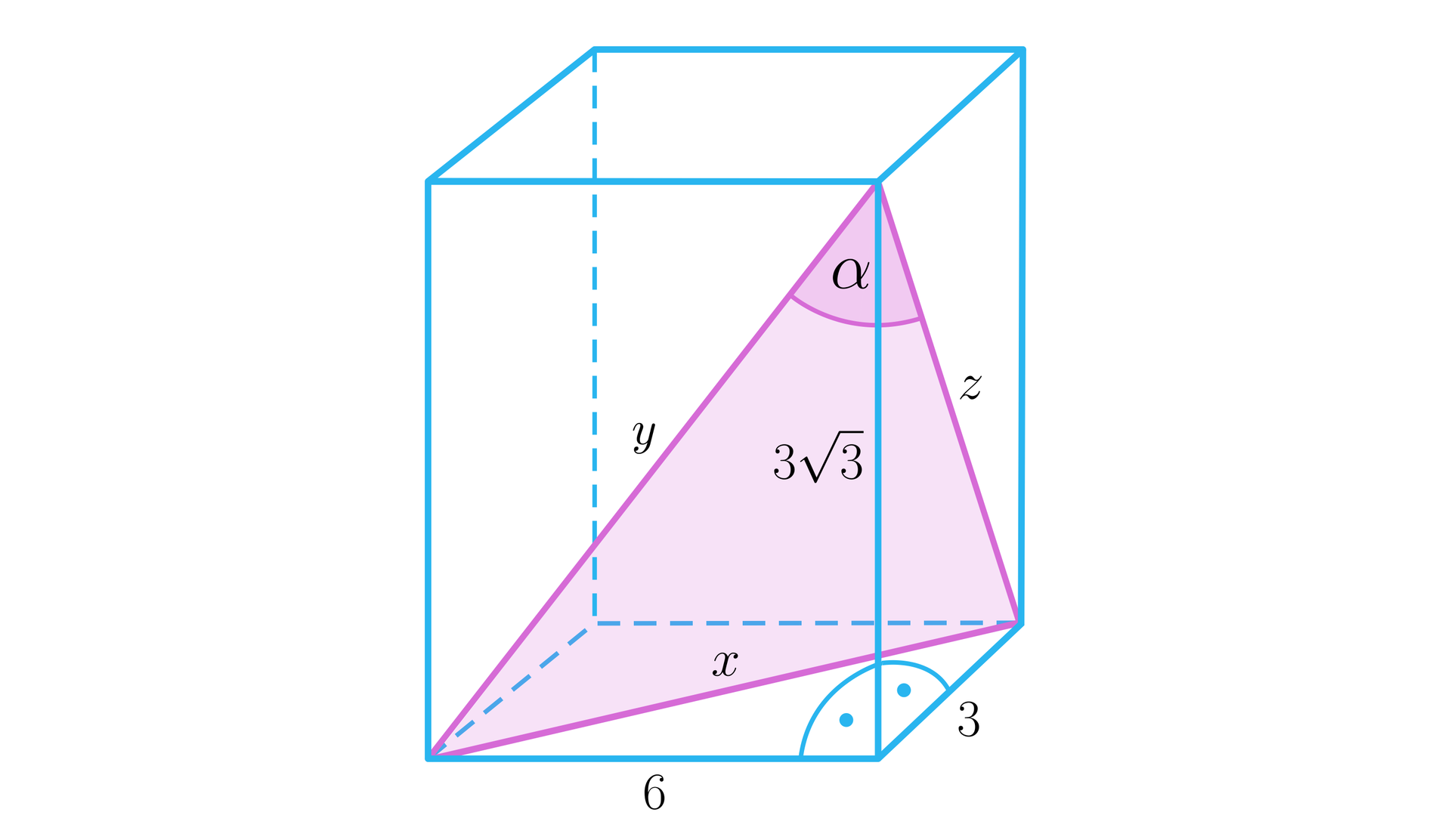 Na ilustracji przedstawiono prostopadłościan o krawędziach podstawy trzy i sześć i wysokości równej 33. Zaznaczono przekątną y ściany bocznej o krawędzi 6, oraz przekątną z, ściany bocznej o krawędzi trzy. Literą x oznaczono przekątną podstawy. Zaznaczono trójkąt x y z, oraz kąt alfa pomiędzy bokami y i z.