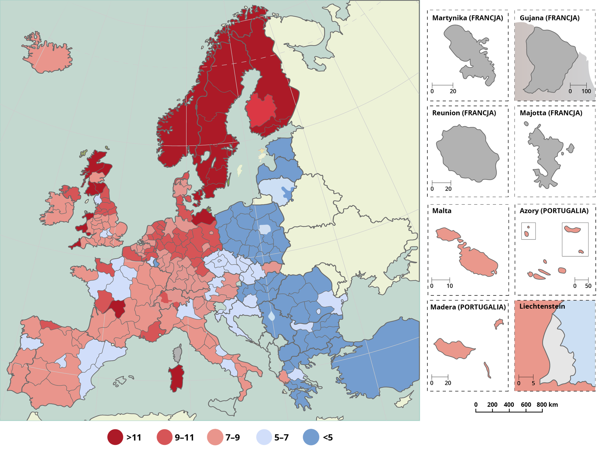 Na mapie Europy zaznaczono zatrudnienie w służbie zdrowia jako % wszystkich zatrudnionych osób w końcu 2019 r. Dominują kraje skandynawskie - Norwegia, Szwecja, Finlandia powyżej 11%, miejscami obszary w Wielkiej Brytanii, w północnych Niemczech, na Sardynii, w centralnej Francji. Wskaźnik od 9 do 11% jest w kilku miejscach Francji, na północy Wielkiej Brytanii, na znacznych obszarach Niemiec, na północy Irlandii. Wskaźnik zatrudnienia od 7 do 9% występuje na znacznych obszarach Hiszpanii, Francji, Włoch, Irlandii, na południu Niemiec, na wschodzie Słowacji, w Austrii, Szwajcarii. Wskaźnik od 5 do 7%: wschód Hiszpanii, zachodnie rejony Francji, Czechy, zachodnia część Słowacji, Chorwacja. Wskaźnik poniżej 5% niemal cała Polska z wyjątkiem rejonu Warszawy (tu wskaźnik od 5 do 7%), Grecja, Rumunia, Węgry, Bułgaria, Łotwa, Estonia.
