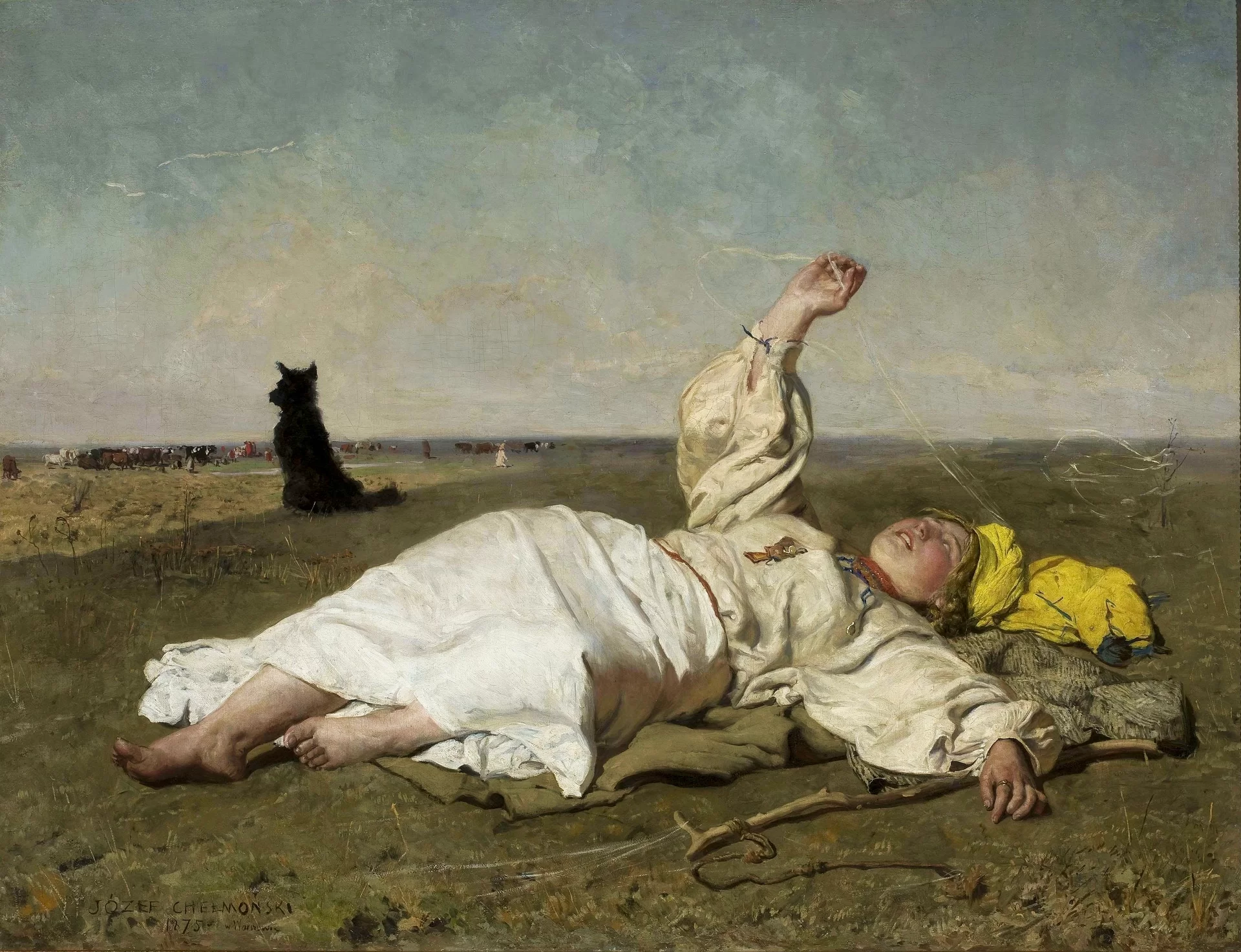 ilustracja przedstawia obraz Józefa Chełmońskiego „Babie lato”. Na otwartym polu leży młoda pasterka, która wyciągniętą dłonią chwyta nić babiego lata. Obok niej leży sękaty kij z przywiązanym rzemieniem. Kobieta ubrana jest w białą, długą spódnicę, żółtawą bluzkę i jaskrawo żółtą chustę. Stopy kobiety są brudne. Po lewej stronie, w oddali, siedzi czarny pies. Jest zwrócony tyłem do kobiety i patrzy na znajdujące się w oddali bydło. Niebieskie niebo pokryte jest żółtawymi chmurami.