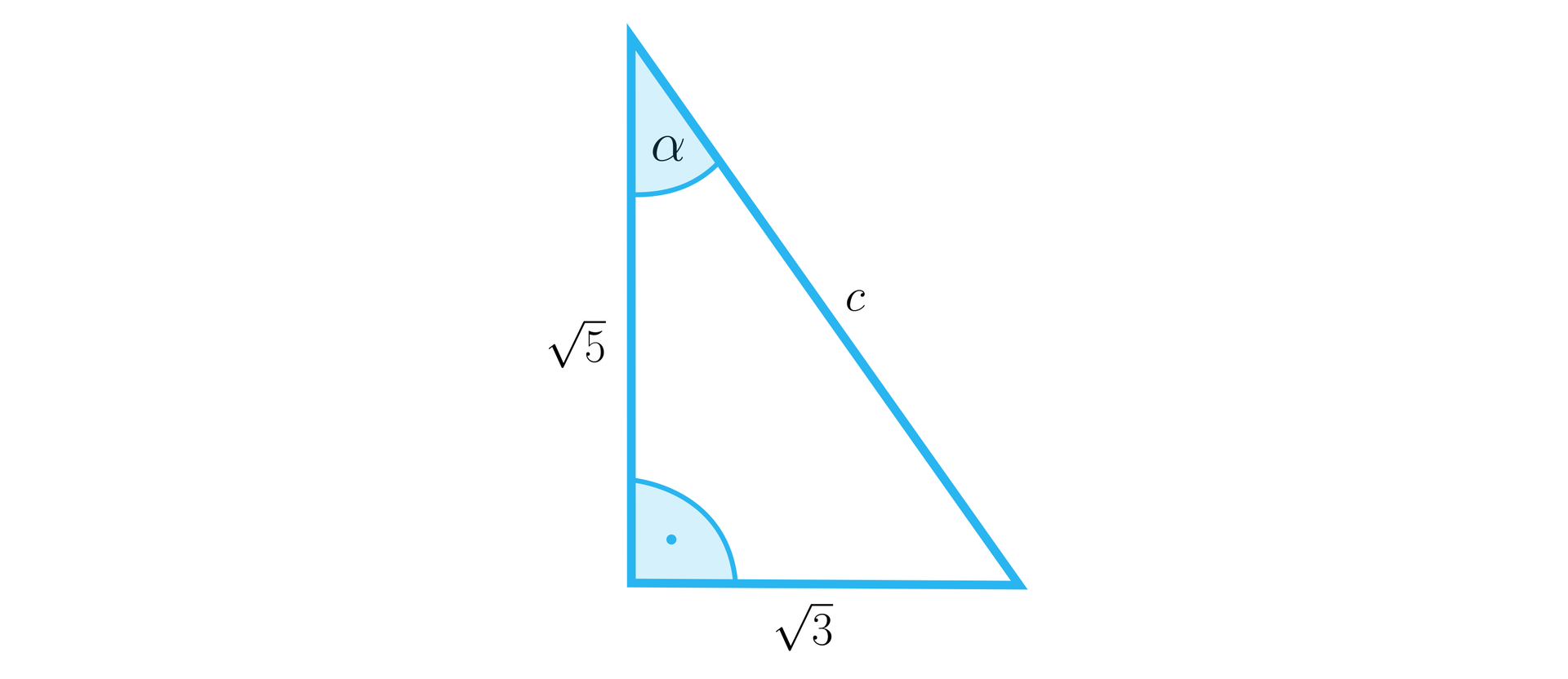 Rysunek przedstawia trójkąt prostokątny o przyprostokątnych o długościach: 3 oraz 5 oraz o przeciwprostokątnej c. Oznaczono także dwa kąty wewnętrzne trójkąta: kąt prosty oraz kąt α między bokami  5 oraz c.