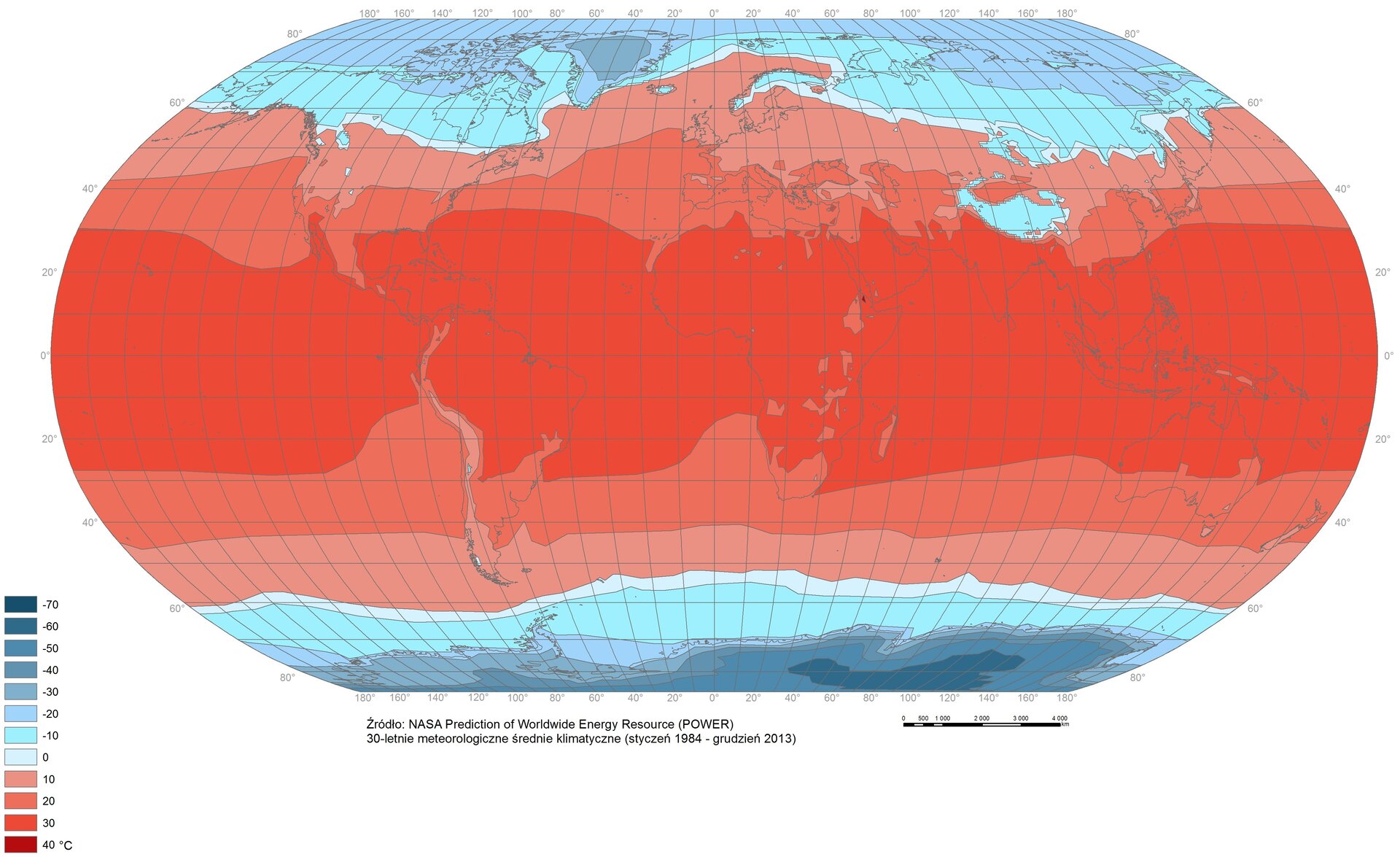 Mapa świata przedstawia rozkład izoterm. Najwyższe wartości około 30 stopni Celsjusza występują w strefie międzyzwrotnikowej. Najniższe wartości około minus 70 stopni Celsjusza występują we wschodniej części Antarktydy.
