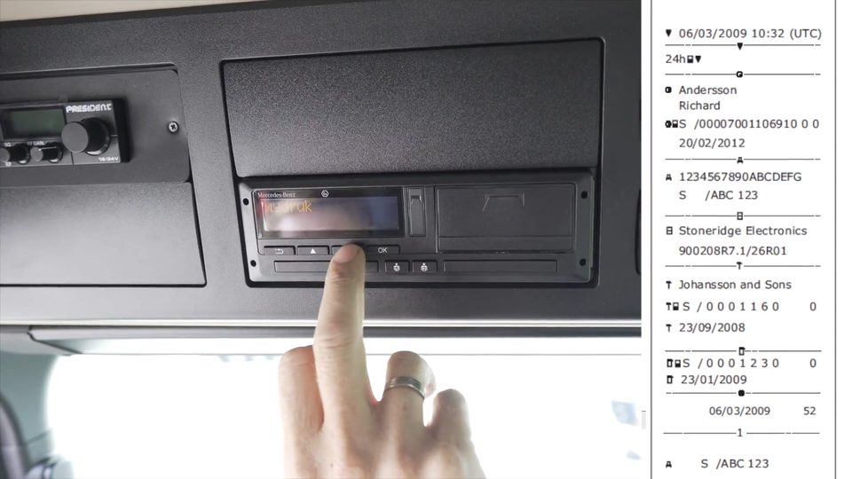 Zdjęcie przedstawia tachograf. Jest to małe urządzenie, składające się z ekranu i kilku przycisków. Zamontowany jest nad kierowcą. Po prawej stronie są informacje, które zbiera tachograf. Z tego urządzenia możemy odczytać między innymi, z jaką prędkością i jak długo jechał kierowca, kiedy miał pauzę, załadunek lub rozładunek