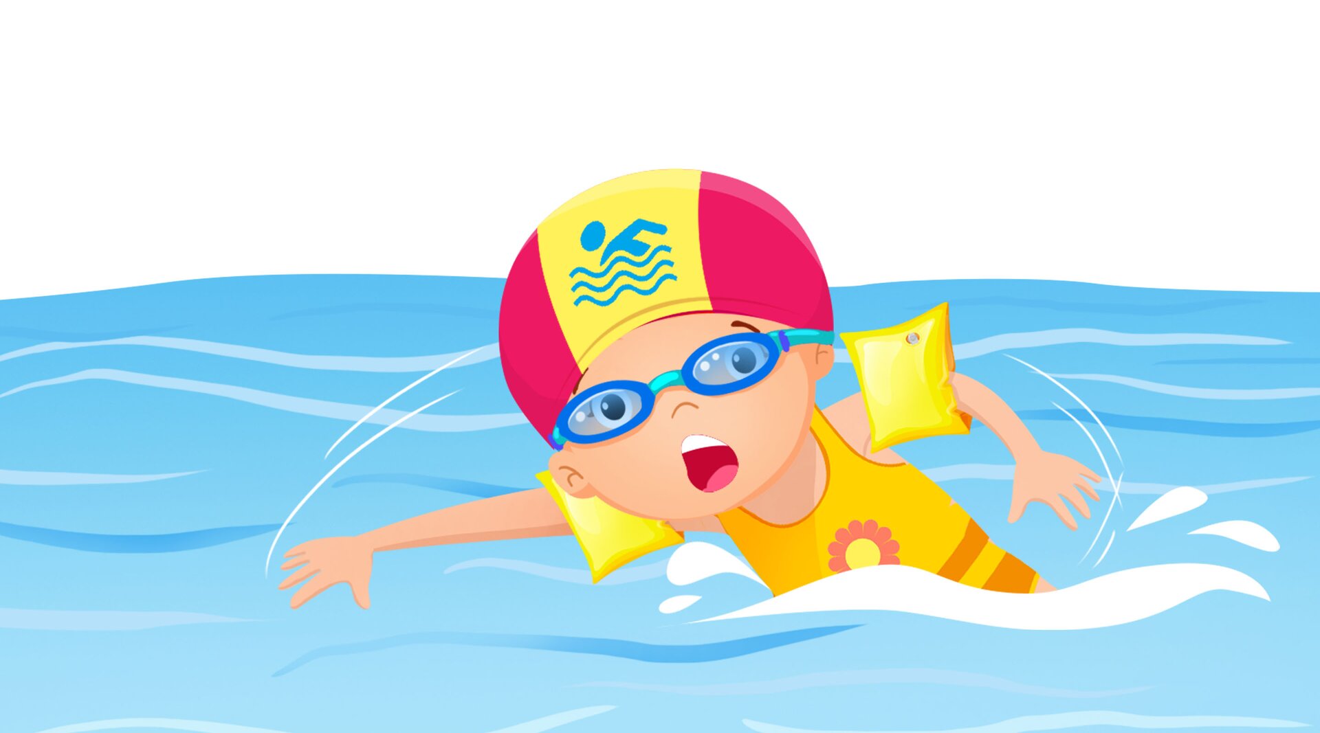 Na ilustracji znajduje się chłopiec w czepku i goglach, który pływa