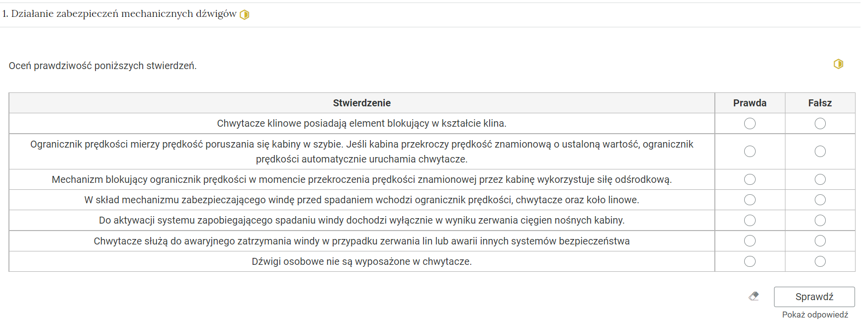Zdjęcie przedstawia otwartą zakładkę z przykładowym zadaniem. Pod nazwą zakładki znajduje się polecenie. Pod poleceniem widać treść zadania z odpowiedziami do wyboru. Po prawej stronie polecenia widać żółty sześciokąt. Na dole panelu znajduje się przycisk uruchom.