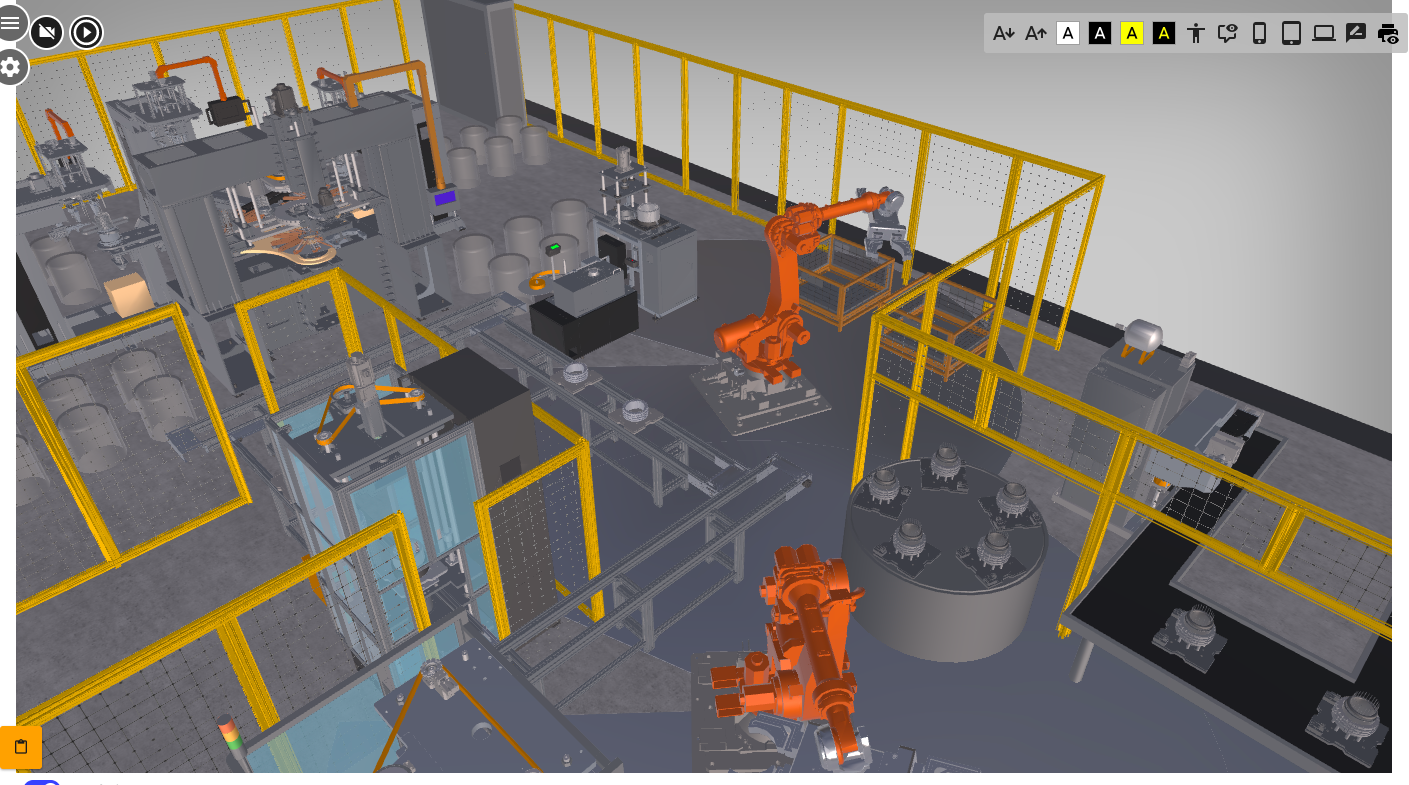 Ilustracja przedstawia przykładową stronę wizualizacji trzy de. Grafika przedstawia linię produkcyjną z uwzględnionymi wieloma detalami. W lewym górnym rogu widoczne są znaczniki. Pierwszy to kółko z białym obramowaniem i czarnym wypełnieniem. W środku widoczny jest symbol przekreślonej kamery. Kolejny przedstawia ikonę odtwarzania filmu. Ikona składa się z trójkąta wpisanego w okrąg. Wierzchołek trójkąta wskazuje w prawo. W prawym górnym rogu znajduje się widok panelu umożliwiającego dostosowanie e‑materiału do odbiorców ze specjalnymi potrzebami. Od lewej. Czarna litera “A” ze strzałką w dół. Czarna litera “A” ze strzałką w górę. Czarna litera “A” w białym kwadracie. Biała litera “A” w czarnym kwadracie. Czarna litera “A” w żółtym kwadracie. Żółta litera “A” w czarnym kwadracie. Oraz ikonka człowieka z wyprostowanymi rękami.