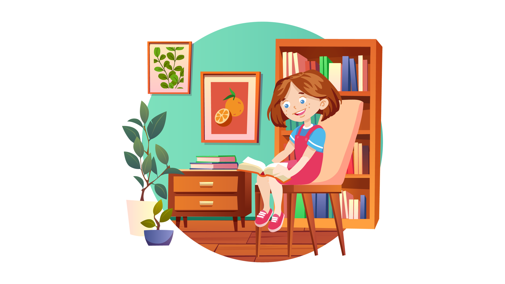 Ilustracja przedstawia pomieszczenie, w którym na pierwszym planie siedzi na krześle uśmiechnięta Maja. Dziewczynka czyta książkę. Za nią widać brązowy regał z czterema półkami, na których stoją książki. Obok regału znajduje się mała szafka na czterech nóżkach, z dwiema szufladami. Leżą na niej kolejne dwie książki. Powyżej, na ścianie, wiszą dwa obrazki w brązowych ramach. Pierwszy obrazek przedstawia zieloną roślinę z wieloma liśćmi na białym tle. Drugi obrazek przedstawia połowę przekrojonej w poprzek pomarańczy na tle drugiej, całej pomarańczy. Z całej pomarańczy wyrastają dwa zielone listki. Po lewej stronie ilustracji stoją dwa kwiaty w donicach. Jedna donica jest biała, a druga niebieska. W tle widoczny jest okrągły fragment zielonej ściany i brązowej podłogi.