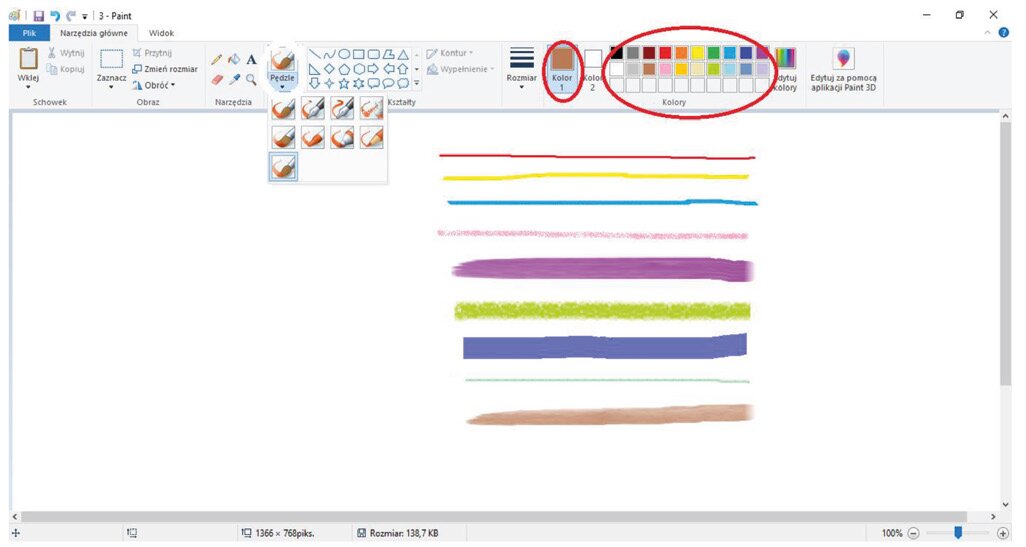 Zrzut ekranu z rozwiniętą zawartością edytora programu Paint (w tym: Obraz, Narzędzia, Kształty, Kolory). Ikonka Pędzel zakreślona białym kółkiem. Poniżej widoczne różne grubości pędzla. Zakreślone na czerwono okienka z kolorami. W edytorze narysowane różną grubością pędzla kolorowe poziome kreski.