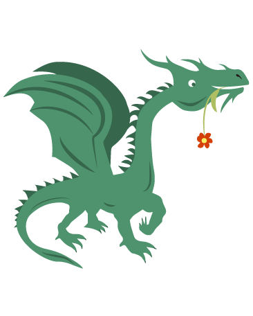 Rysunek zielonego, skrzydlatego smoka z czerwonym kwiatkiem w paszczy.