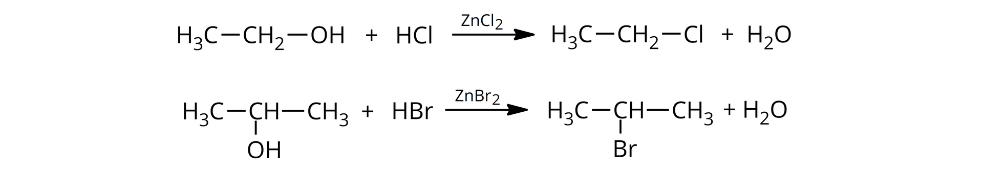 Ilustracja przedstawiająca dwa równania reakcji. Pierwsze równanie. Cząsteczka etanolu zbudowanego z grupy metylowej CH3 związanej z grupą CH2 połączoną z grupą hydroksylową OH. Dodać cząsteczkę chlorowodoru HCl. Strzałka w prawo, nad strzałką chlorek cynku ZnCl2, za strzałką cząsteczka 1-chloroetanu zbudowanego z grupy CH3 połączonej za pomocą wiązania pojedynczego z grupą CH2 podstawioną atomem chloru. Drugie równanie. Cząsteczka propan-2-olu zbudowanego z grupy CH podstawionej grupą OH oraz dwiema grupami metylowymi CH3. Dodać cząsteczkę bromowodoru HBr; strzałka w prawo, nad strzałką bromek cynku ZnBr2, za strzałką cząsteczka 2-bromopropanu zbudowanego z grupy CH podstawionej atomem bromu oraz dwiema grupami metylowymi CH3.