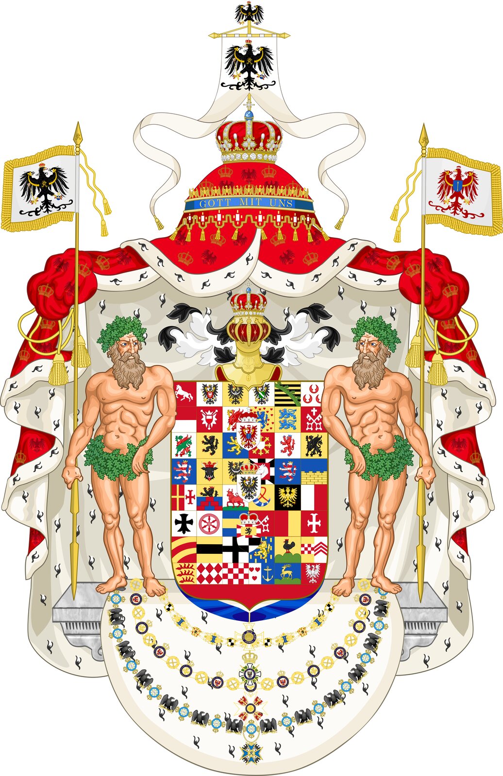 Ilustracja przedstawia herb. Składa się on z czerwono-białej peleryny zwieńczonej koroną i sztandarem z czarnymi orłami. Na środku znajduje się tarcza z wieloma różnymi herbami, która zwieńczona jest złotym hełmem rycerskim z koroną. Po obu stronach tarczy stoją dwaj półnadzy, starsi mężczyźni z siwymi brodami. Trzymają sztandary z orłem czarnym i czerwonym. Na dole herbu znajdują się medale.