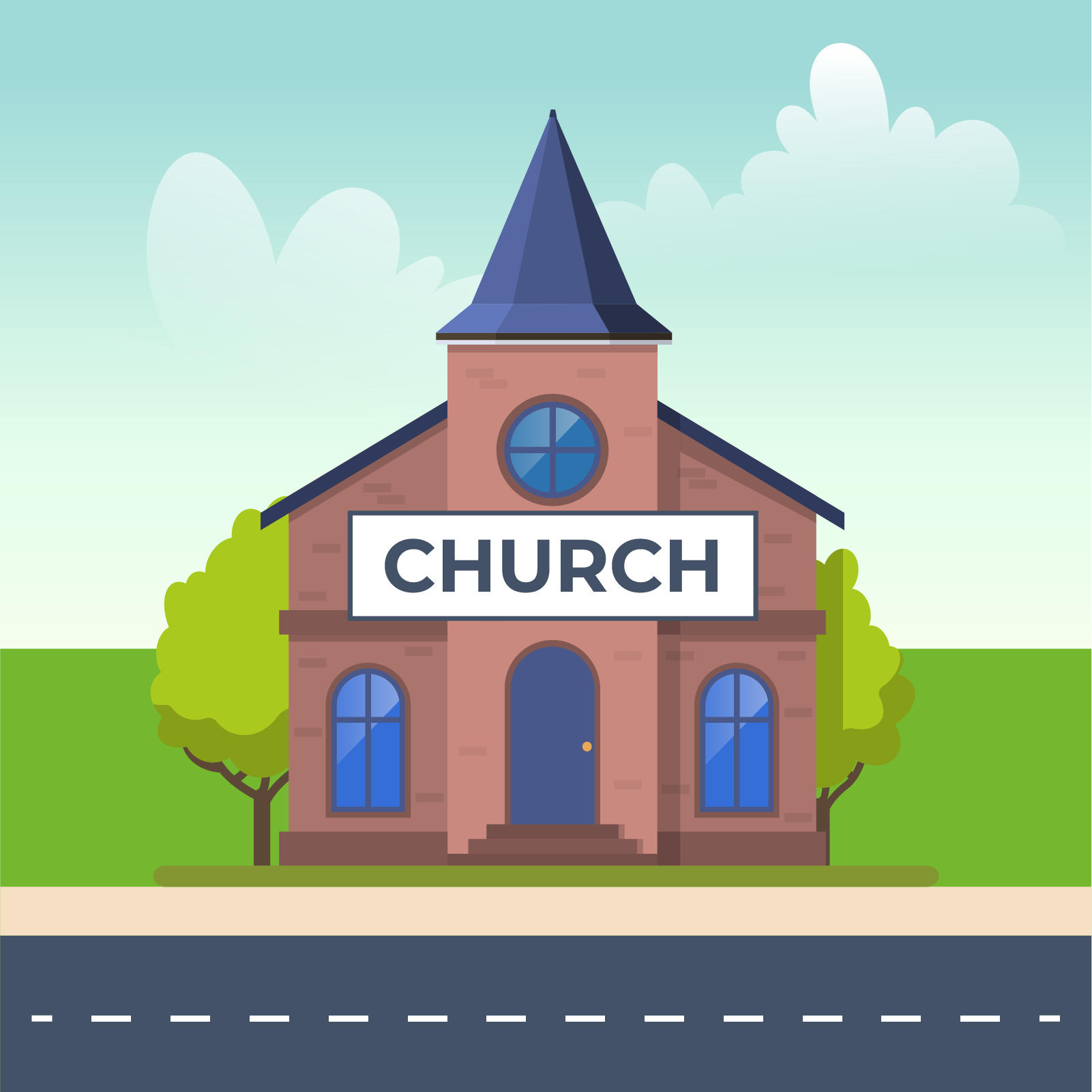 Ilustracja przedstawia budynek kościoła. Kościół ma jedną wieżę z okrągłym oknem i strzelistym dachem. Na parterze po bokach widać dwa okna, zakończone łukiem. Przy drzwiach zakończonych łukiem, znajdują się schodki z trzema stopniami. Zza kościoła wychylają się dwa drzewa. Przed kościołem widać drogę asfaltową. Na kościele znajduje się napis Church.
