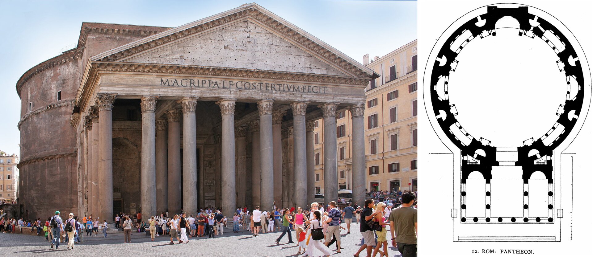 Ilustracja przedstawia kolaż, który składa się ze zdjęcia oraz planu przedstawiającego rzut budynku. Pierwsze ze zdjęć przedstawia Pantenon. Budynek składa się z kolumn. Wieńczy go tympanon, pod którym, na belkowaniu widnieje inskrypcja: M AGRIPPA L F COS TERTIVM FECIT. Przed budynkiem znajdują się zwiedzający. Zza budynku można dostrzec, pozostałe budynki Rzymu, które otaczają Pantenon. Drugie zdjęcie przedstawia schemat rzutu Pantenonu. Rzut ma dwie części, pierwsza jest okrągła i ukazuje tylną część budynku. Niżej zaś, ukazane są kropki, które w rzeczywistości są kolumnami. Cały schemat jest czarny, został wykonany na białym tle.