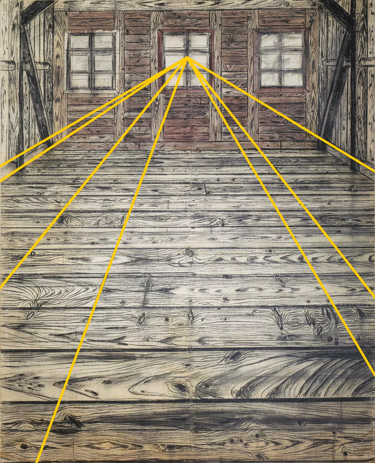 Ilustracja przedstawia pracę Anselma Kiefer, „Drewniany pokój”. Głównym punktem pracy są trzy drewniane okna otoczone drewnianymi ścianami oraz drewnianą podłogą. Na deskach widoczne są sęki oraz słoje. Całość w barwach brązu i szarości. Od środkowego okna zostały wyprowadzone żółte linie rozchodzące sie promieniście po podłodze.