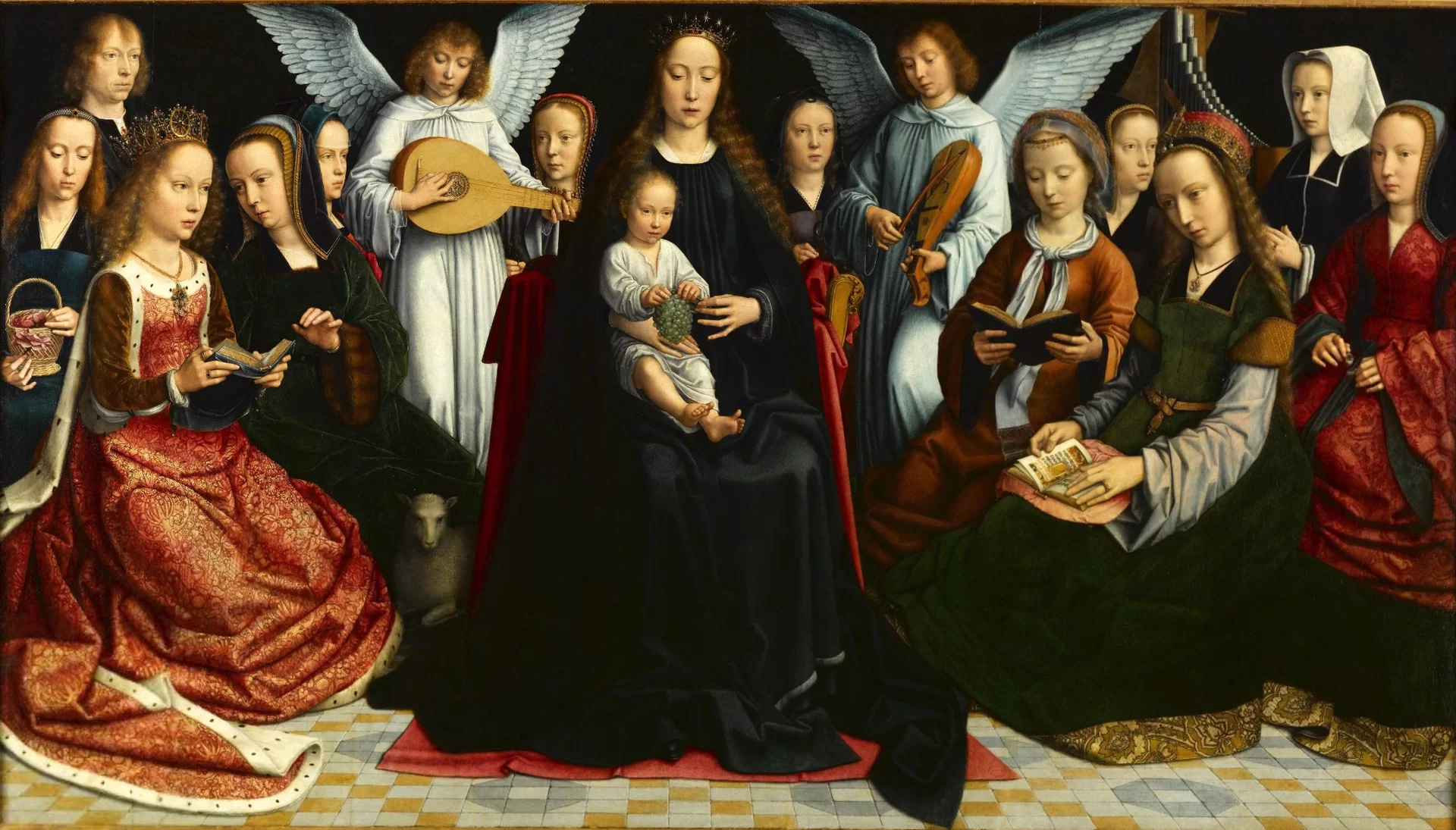 Ilustracja o kształcie poziomego prostokąta przedstawia dzieło Gerarda Davida „Madonna wśród świętych dziewic”. Ukazuje scenę zbiorową z Madonną i Jezusem oraz towarzyszącymi jej postaciami i aniołami. Madonna siedzi pośrodku, wszystkie postacie ustawione są symetrycznie i skierowane w jej stronę. Scena ukazana jest na ciemnym tle. 
