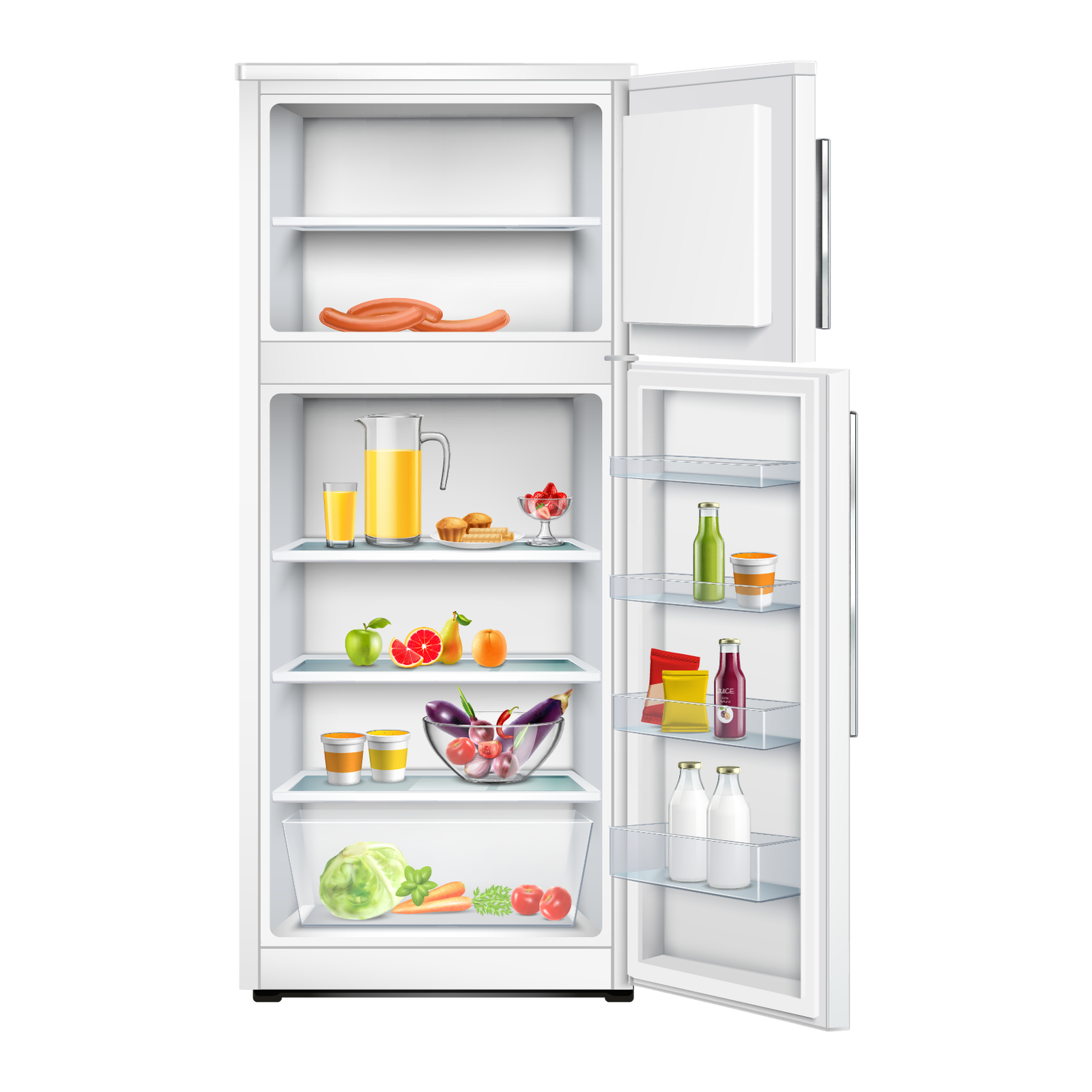 Ilustracja przedstawia otwartą lodówkę. Od góry widoczny jest zamrażalnik, a w nim parówki. Niżej widoczna półka, na której stoi sok, babeczki i deser w pucharku. Niżej położono owoce, pod nimi widoczne jogurty i warzywa. W szufladzie na dole są: sałata, pomidory i marchew. Na drzwiach lodówki widoczne jest mleko oraz soki. 