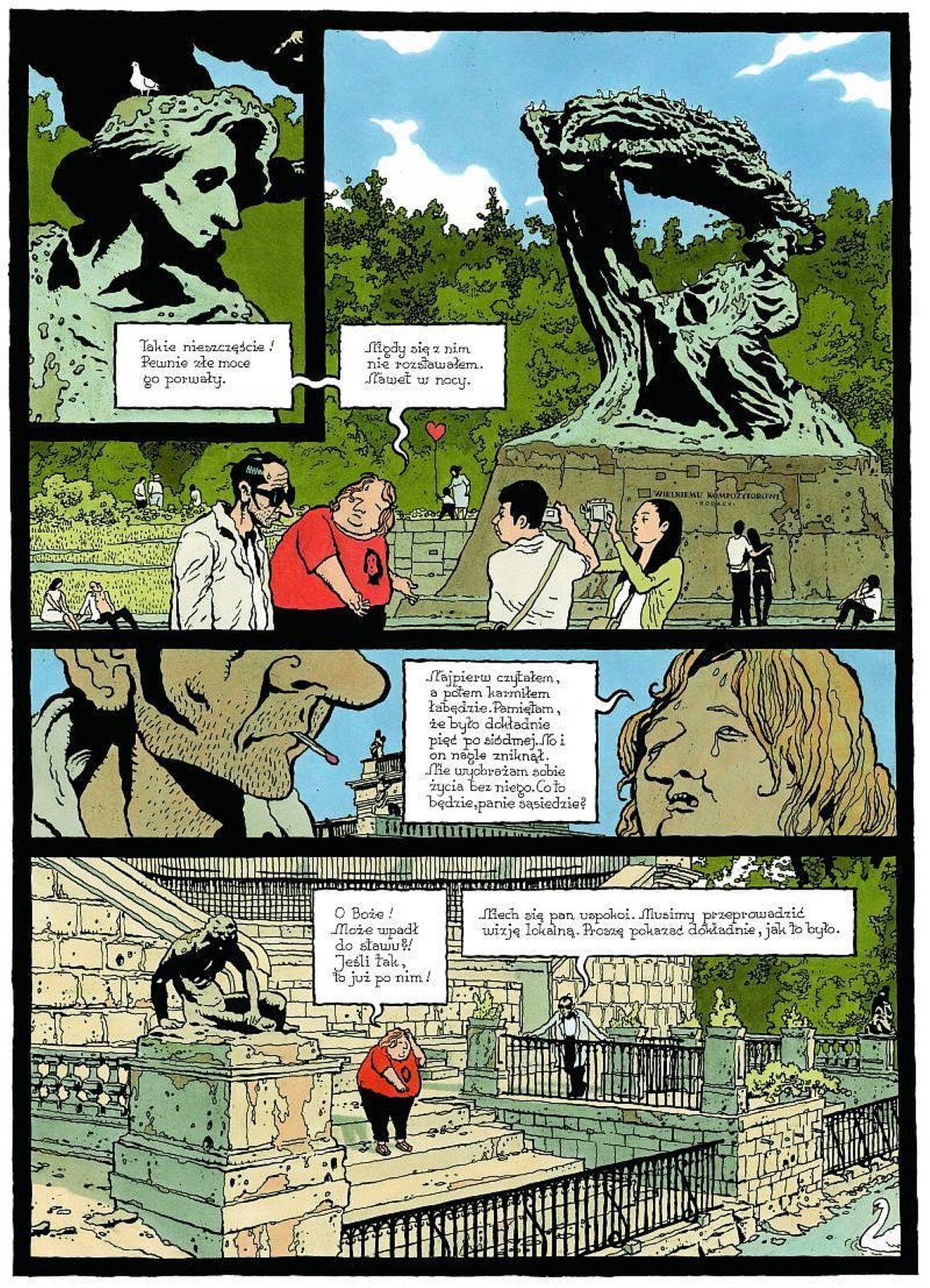 Ilustracja podzielona jest na cztery części. W lewym górnym rogu znajduje się zbliżenie na pomnik przedstawiający podobiznę Fryderyka Chopina. W prawym górnym rogu znajdują się ludzie spacerujący oraz siedzący przy pomniku Fryderyka Chopina. Dwoje ludzi stoi i robi zdjęcia posągowi. W środkowej części ilustracji znajduje się zbliżenie na dwie twarze mężczyzn. Mężczyzna w ustach trzyma zapałkę. W dolnej części ilustracji znajdują się dwaj mężczyźni stojący na schodach przed stawem i rozmawiający. Na ilustracji znajdują się dialogi w języku polskim.