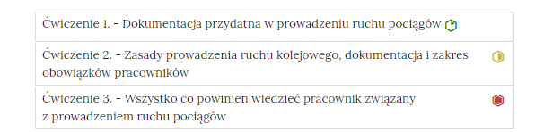Grafika przedstawia wygląd zakładek z ćwiczeniami. Zakładki są poziomymi paskami. Każda posiada numer ćwiczenia i tytuł, który wskazuje, czego dotyczą zamieszczone w zakładce ćwiczenia. Przykład tekstu na pasku zakładki. Ćwiczenie 1 myślnik Dokumentacja przydatna w prowadzeniu ruchu pociągów.