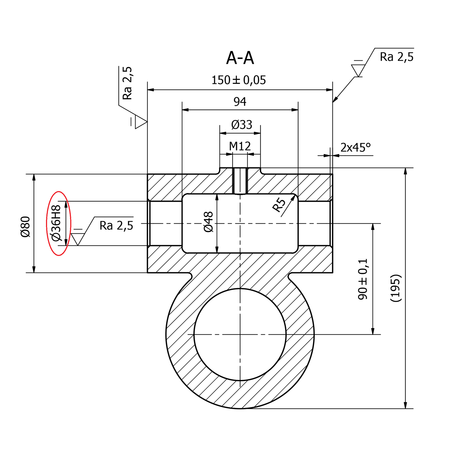 Na ilustracji przedstawiony jest fragment rysunku technicznego, na którym widoczne jest fragment prostokątnego zakreskowanego elementu, w którym znajduje się otwór. Od ścian elementu odchodzą cienkie linie pomocnicze, między którymi znajdują się wymiary. 