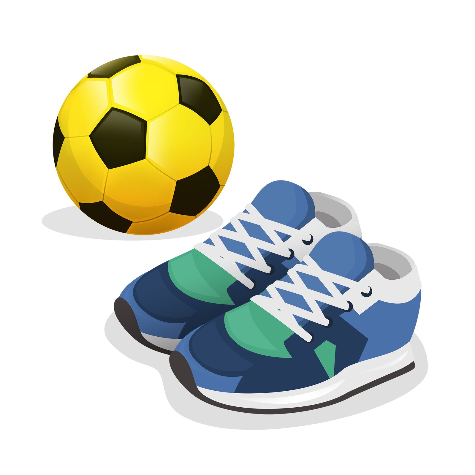 Ilustracja butów sportowych oraz piłki żółto czarnej.