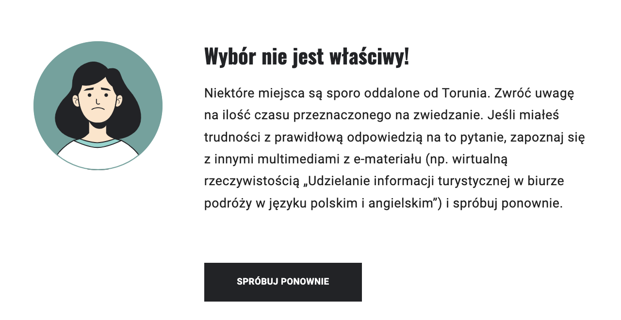 Widok informacji zwrotnej po udzieleniu niepoprawnej odpowiedzi