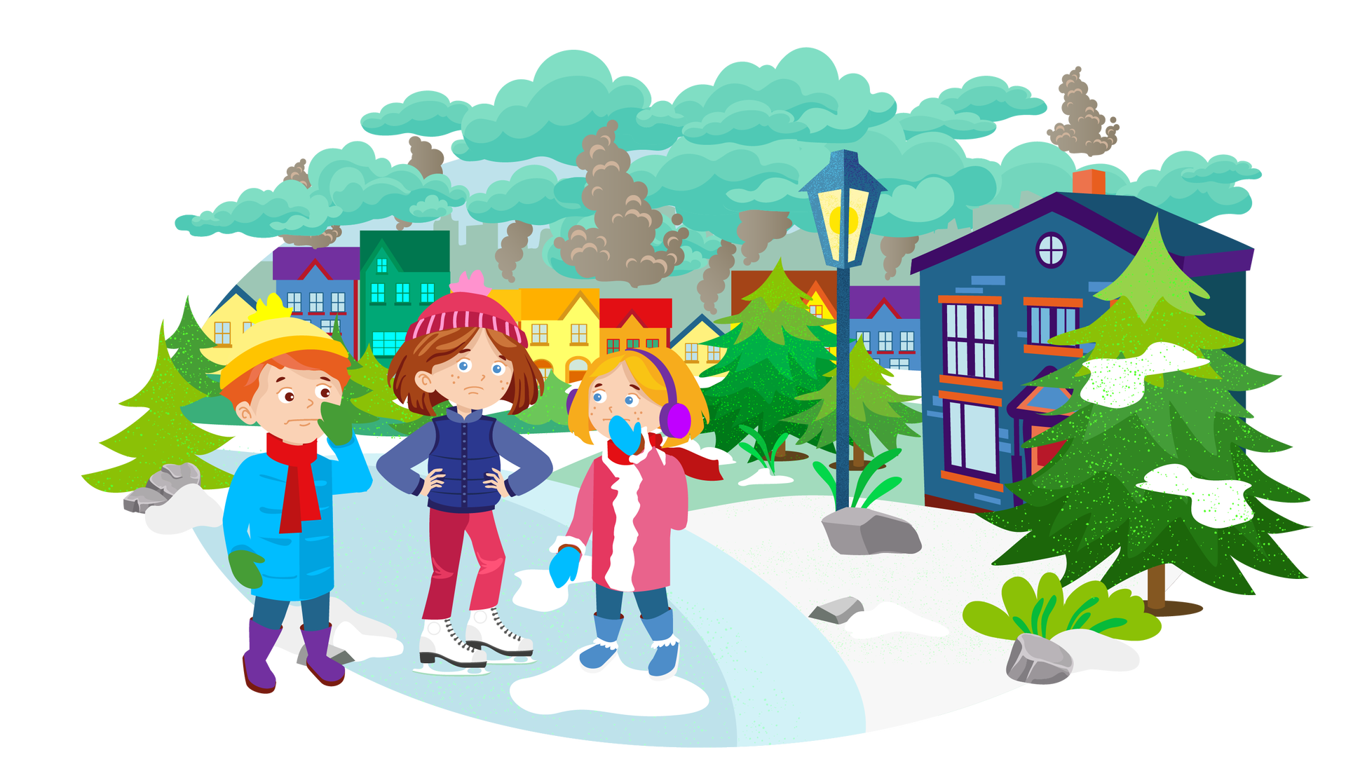 Ilustracja przedstawia krajobraz miejski zimą. W tle widać błękitne niebo z dużą ilością turkusowych chmur oraz kolorowe kamieniczki. Z ich kominów wydobywa się szary dym. Na pierwszym planie znajduje się ośnieżona polana, dookoła której rosną drzewa iglaste. Na prawo od polany stoi granatowy dom. Z jego pomarańczowego komina również leci dym. Obok domu widać wysoką granatową latarnię dającą żółte światło. Obok niej leży kilka szarych kamieni. Po lewej stronie ilustracji, na środku polany, znajduje się lodowy plac, na którym stoi troje dzieci. Po lewej stronie jest Franek ubrany w żółtą czapkę z pomponem, niebieską kurtkę, czerwony szalik, zielone rękawiczki, długie granatowe spodnie i wysokie fioletowe buty. Na środku stoi Maja ubrana w ciemnoróżową czapkę z pomponem, granatową kurtkę, długie ciemnoróżowe spodnie i białe łyżwy. Po prawej stronie stoi blondwłosa dziewczynka ubrana w fioletowe nauszniki, długi różowy płaszcz z białym kożuchem, niebieskie rękawiczki, długie granatowe spodnie i wysokie ciemnoniebieskie buty. Franek i dziewczynka zasłaniają buzie dłonią, a Maja opiera ręce na biodrach. Wszyscy mają ponure miny.