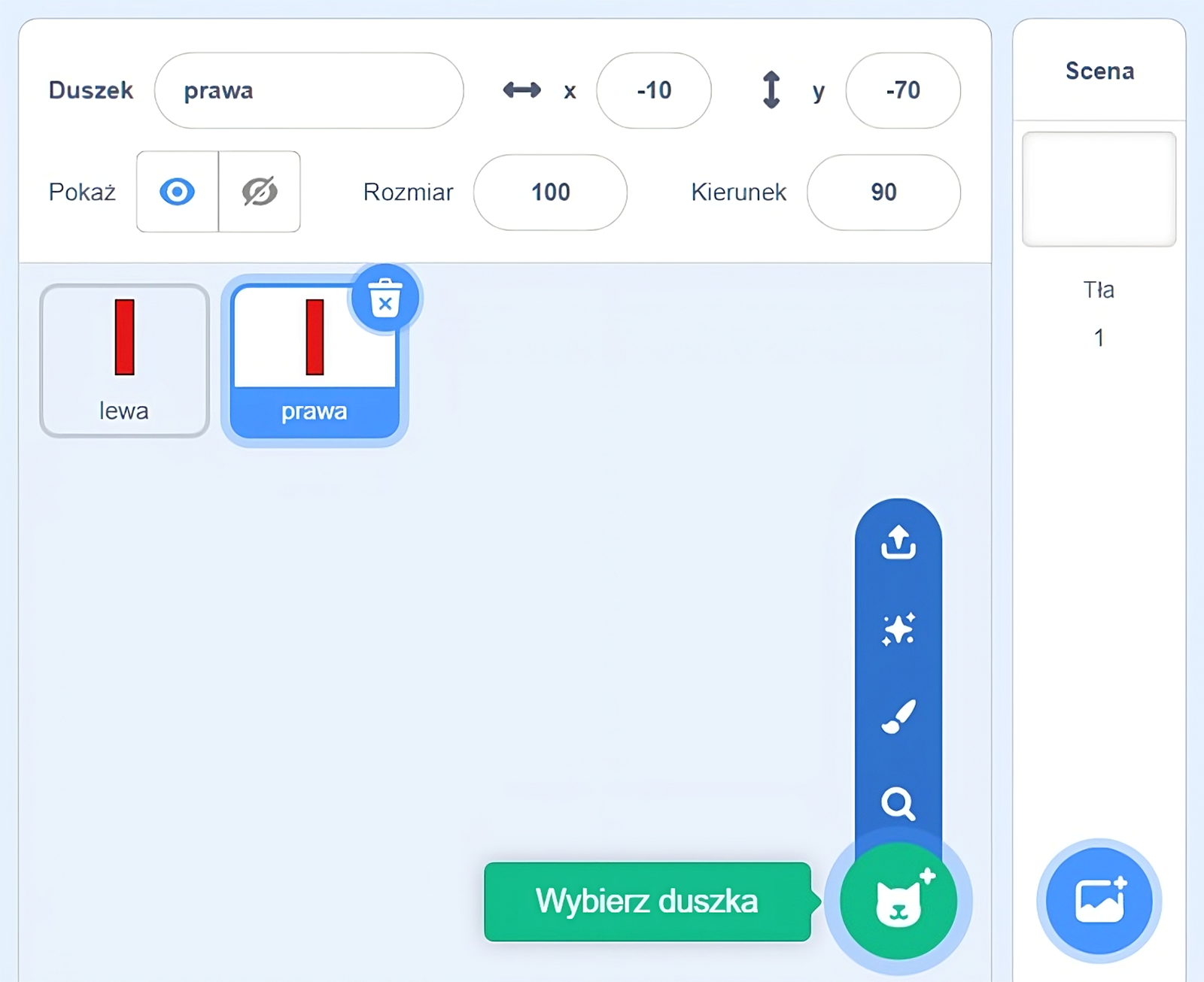 Na zdjęciu widać okna aplikacji gry w którym przedstawiono sposób tworzenia duszka.W górnej części ekranu znajduje się pasek narzędzi. W górnej części paska znajduje się pole z etykietą duszek oraz podpisem: prawa , symbolem osi iks: z liczbą minus dziesięć oraz symbolem osi igrek z liczbą minus siedemdziesiąt. Niżej znajduje się etykieta pokaż z przyciskami oka oraz przekreślonego oka. Ikona z okiem jest zaznaczona na niebiesko. Obok znajdują się pola rozmiar oraz kierunek z przypisanymi liczbami sto oraz dziewięćdziesiąt.Niżej w lewym górnym rogu znajdują się dwa zdjęcia. Na obu zdjęciach widoczne są czerwone poziome cienkie prostokąty. Po prawej stronie każdego ze zdjęć jest symbol kosza. Pod zdjęciami umieszczone są podpisy. Pod lewym znajduje się napis: lewa. Pod prawym widoczny jest napis: prawa. Po prawej stronie znajduje się menu. Kolejne symbole przycisków od góry: strzałka wychodząca z prostej, duża gwiazdka pomiędzy czterema mniejszymi gwiazdkami, pędzel, lupa, głowa kota. Przycisk głowy kota jest podświetlony. Obok niego znajduje się napis: wybierz duszka.Po prawej stronie znajduje się belka z napisem scena oraz tło. Na dole jest przycisk z symbolem zdjęcia. 